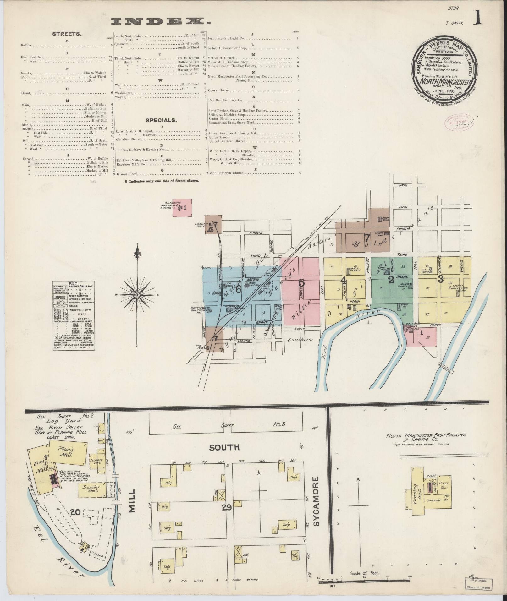 Sanborn Fire Insurance Map from North Manchester, Wabash County, Indiana (1890), Sheet #0001 - Complete Map Set gallery image, historic Sanborn map, vintage wall art, Indiana Indiana