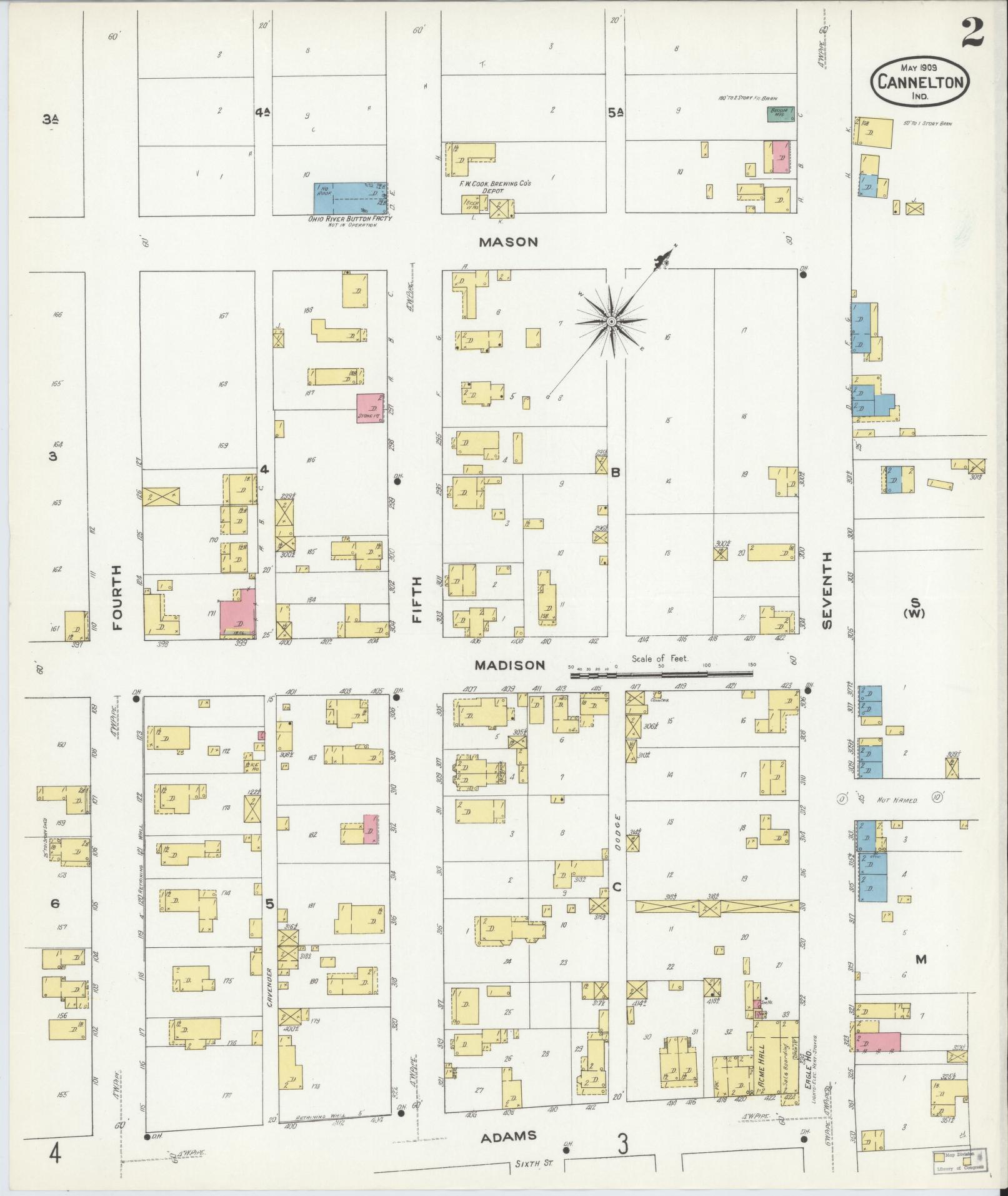 Sanborn Fire Insurance Map from Cannelton, Perry County, Indiana (1909), Sheet #0002 - Historic Sanborn Fire Insurance Map Print, vintage old map wall art, antique decor, genealogy gift, Indiana Indiana map