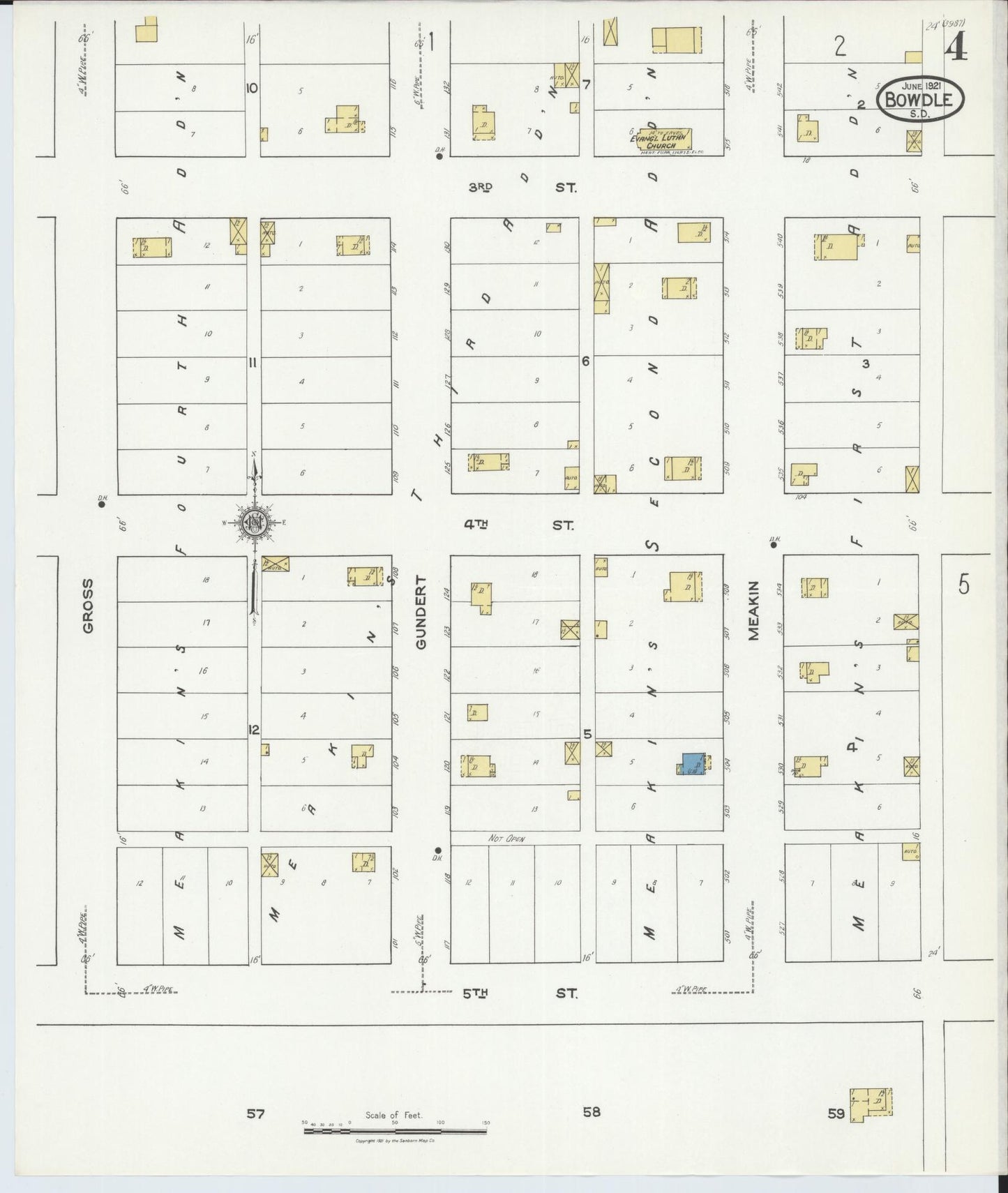 Sanborn Fire Insurance Map from Bowdle, Edmunds County, South Dakota (1939), Sheet #0004 - Historic Sanborn Fire Insurance Map Print, vintage old map wall art, antique decor, genealogy gift, South Dakota South Dakota map
