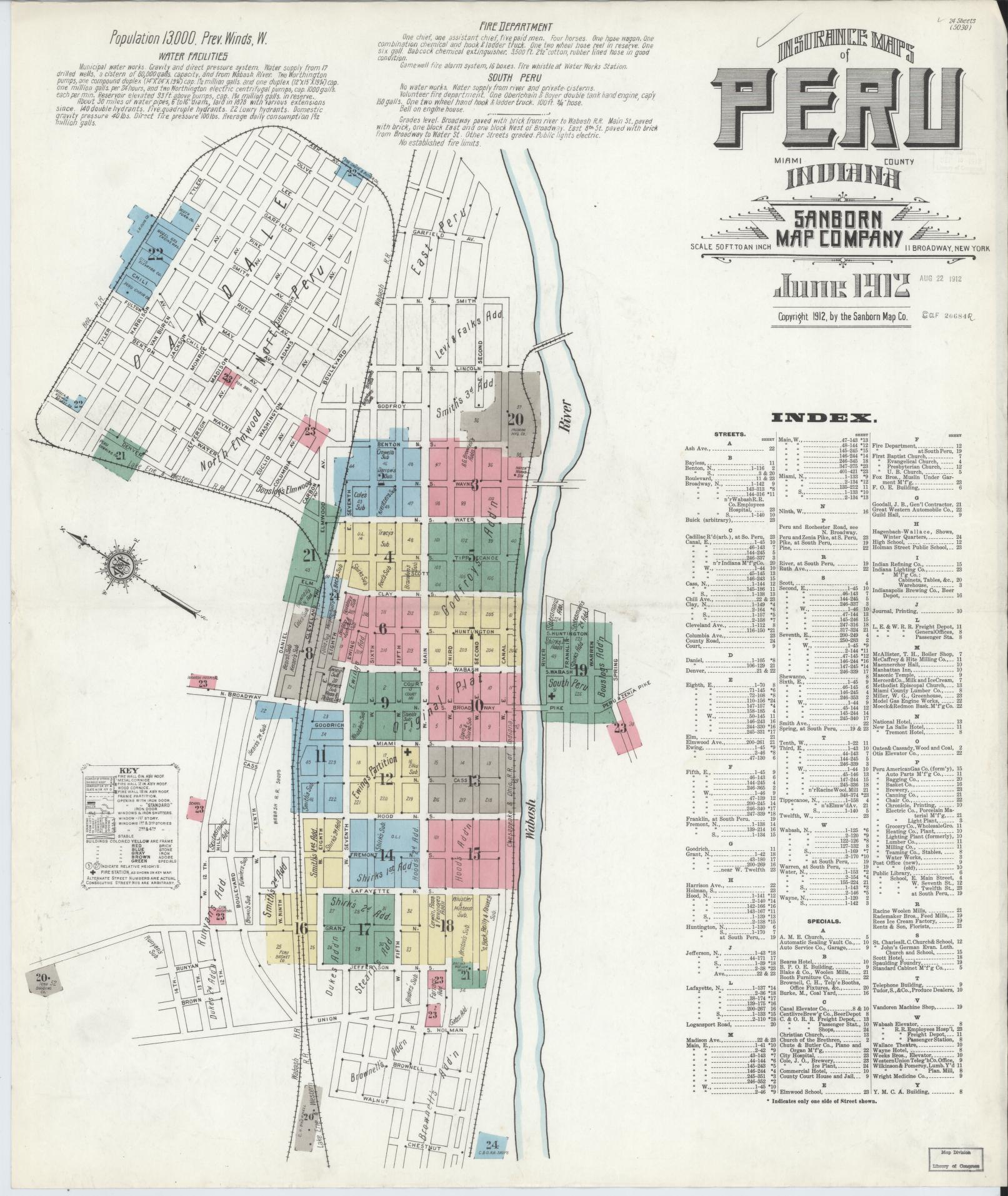 Sanborn Fire Insurance Map from Peru, Miami County, Indiana (1912), Sheet #0001 - Complete Map Set gallery image, historic Sanborn map, vintage wall art, Indiana Indiana