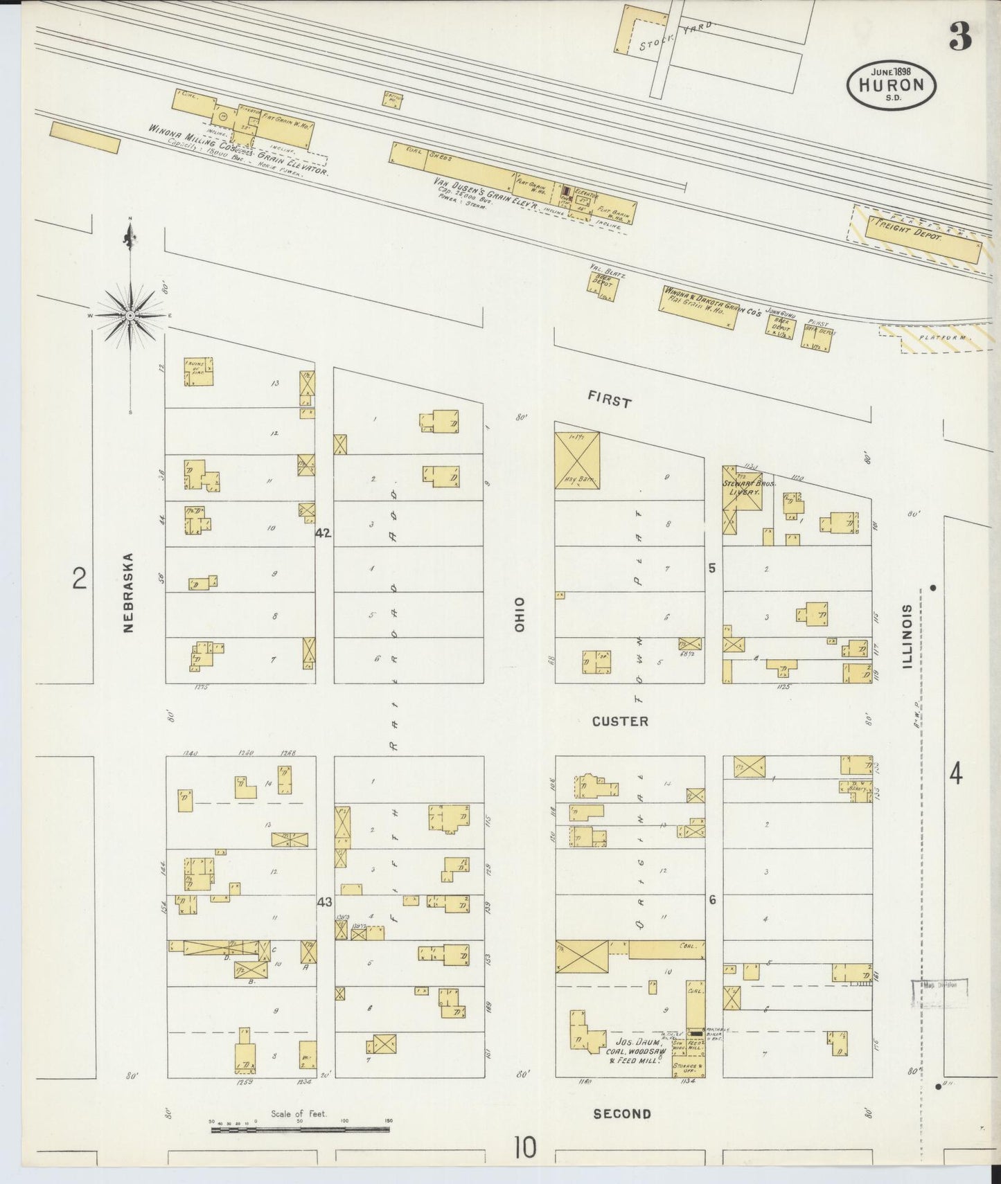 Sanborn Fire Insurance Map from Huron, Beadle County, South Dakota (1898), Sheet #0003 - Complete Map Set gallery image, historic Sanborn map, vintage wall art, South Dakota South Dakota