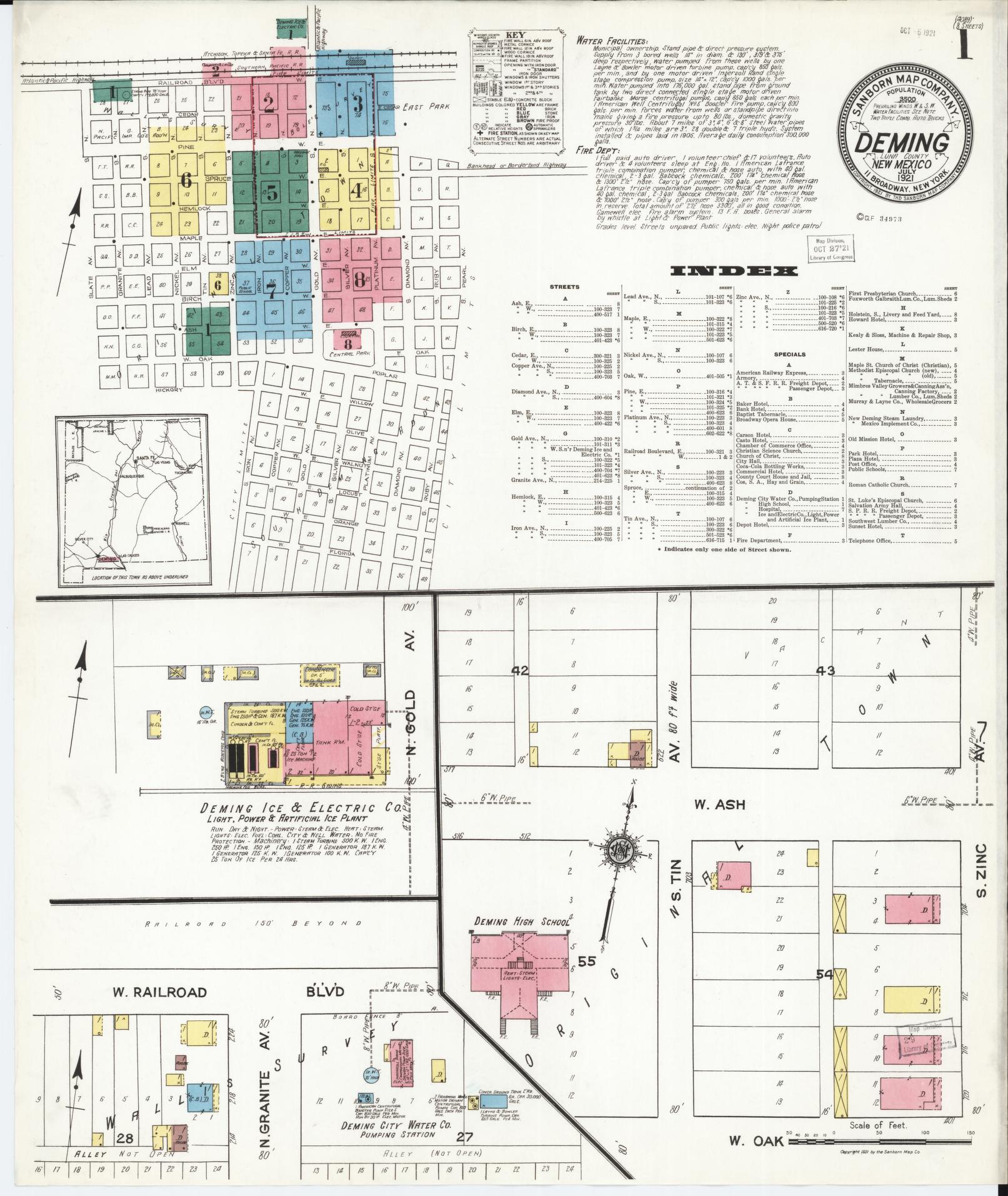 Sanborn Fire Insurance Map from Deming, Luna County, New Mexico (1921), Sheet #0001 - Historic Sanborn Fire Insurance Map Print, vintage old map wall art, antique decor, genealogy gift, New Mexico New Mexico map