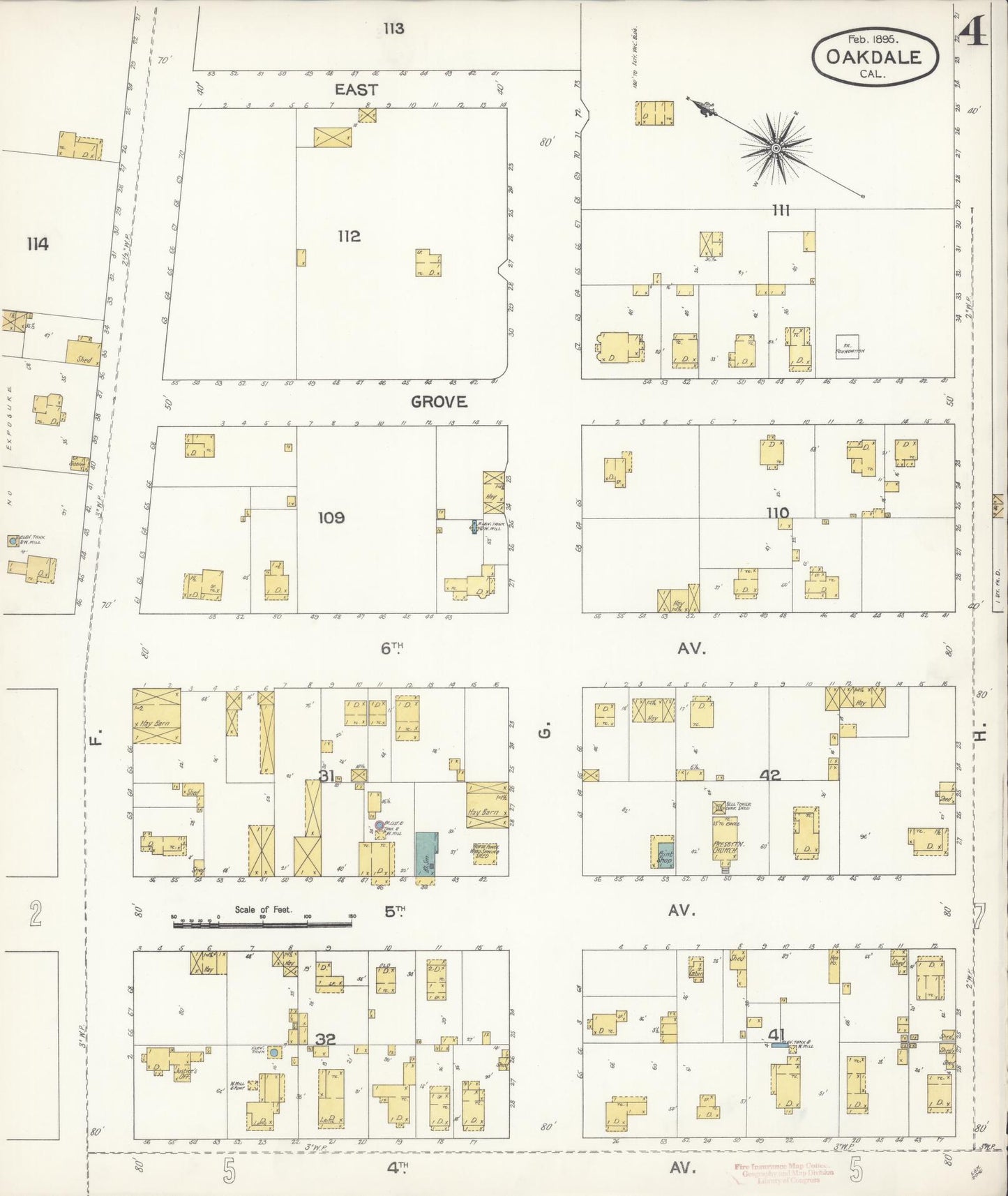 Sanborn Fire Insurance Map from Oakdale, Stanislaus County, California (1895), Sheet #0004 - Complete Map Set gallery image, historic Sanborn map, vintage wall art, California California