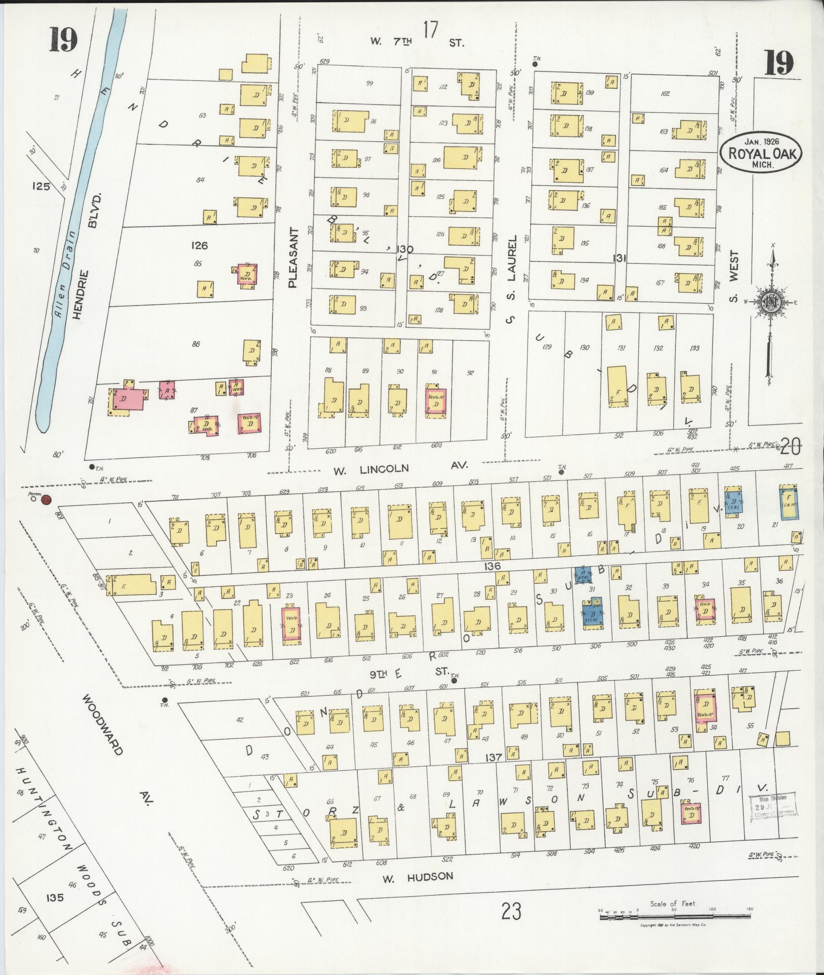 Sanborn Fire Insurance Map from Royal Oak, Oakland County, Michigan (1926), Sheet #0019 - Complete Map Set gallery image, historic Sanborn map, vintage wall art, Michigan Michigan