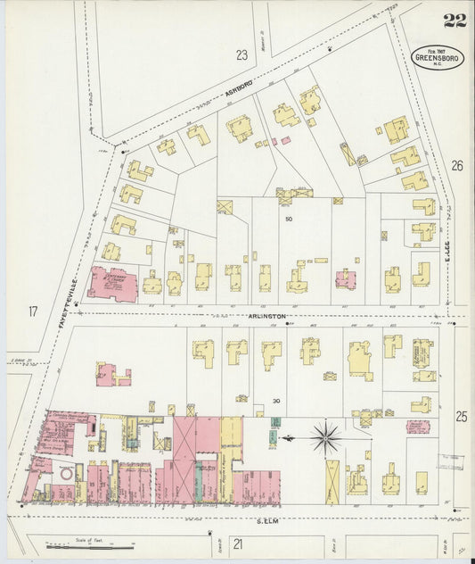 Sanborn Fire Insurance Map from Greensboro, Guilford County, North Carolina (1907), Sheet #0022 - Historic Sanborn Fire Insurance Map Print, vintage old map wall art, antique decor, genealogy gift, North Carolina North Carolina map