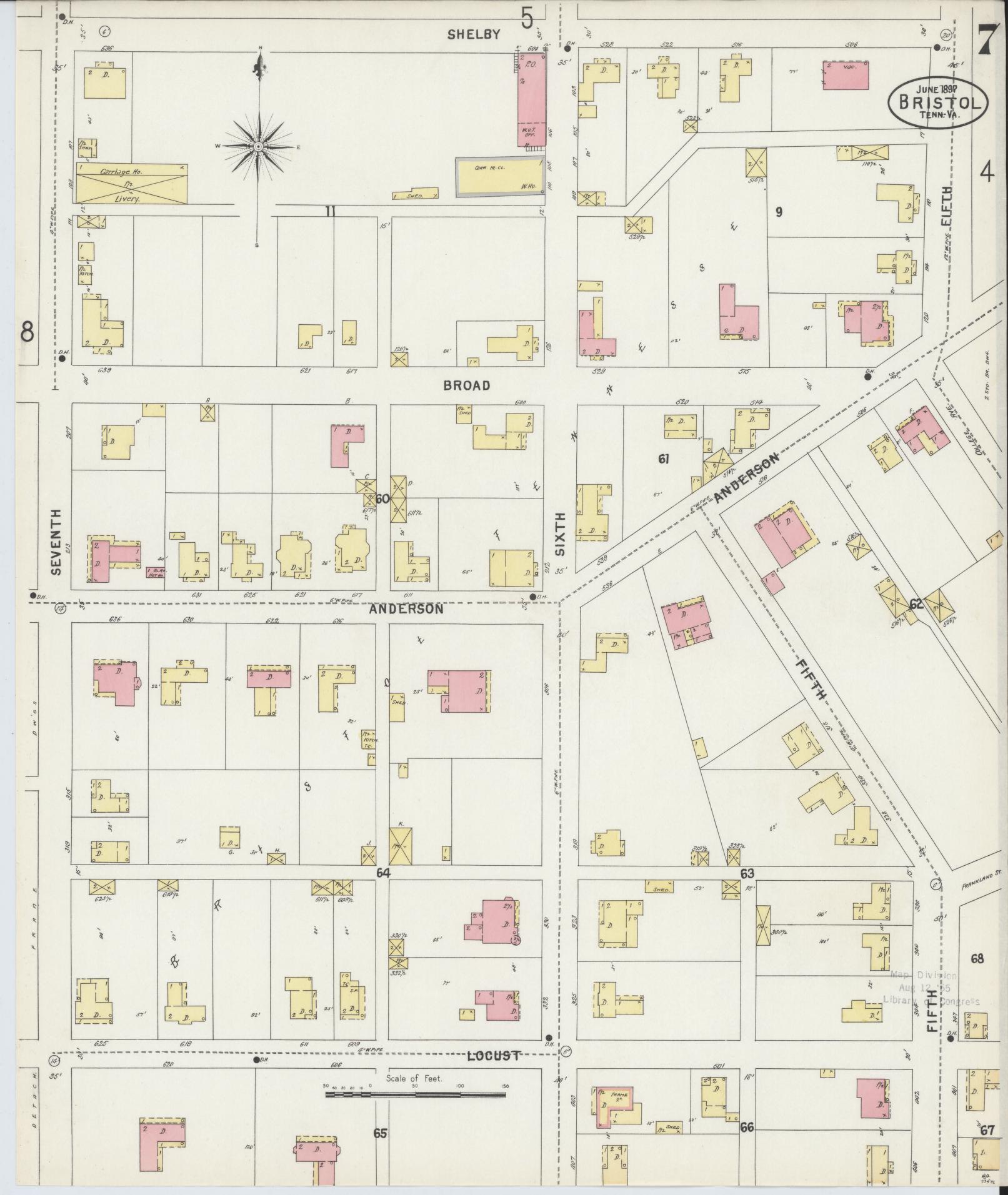 Sanborn Fire Insurance Map from Bristol, Sullivan County, Tennessee (1898), Sheet #0007 - Complete Map Set gallery image, historic Sanborn map, vintage wall art, Tennessee Tennessee