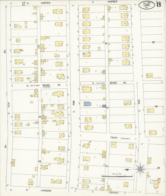 Sanborn Fire Insurance Map from Lodi, San Joaquin County, California (1908), Sheet #0008 - Historic Sanborn Fire Insurance Map Print, vintage old map wall art, antique decor, genealogy gift, California California map