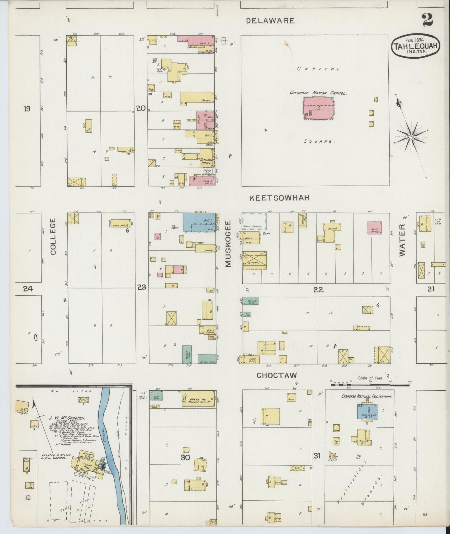 Sanborn Fire Insurance Map from Tahlequah, Cherokee County, Oklahoma (1894), Sheet #0002 - Complete Map Set gallery image, historic Sanborn map, vintage wall art, Oklahoma Oklahoma