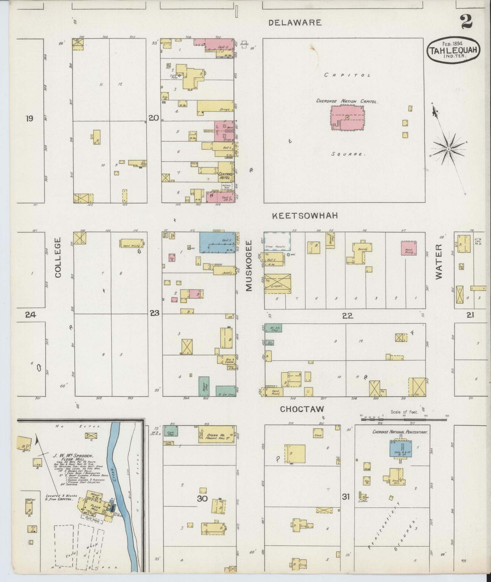Sanborn Fire Insurance Map from Tahlequah, Cherokee County, Oklahoma (1894), Sheet #0002 - Complete Map Set gallery image, historic Sanborn map, vintage wall art, Oklahoma Oklahoma