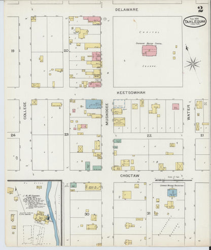 Sanborn Fire Insurance Map from Tahlequah, Cherokee County, Oklahoma (1894), Sheet #0002 - Complete Map Set gallery image, historic Sanborn map, vintage wall art, Oklahoma Oklahoma