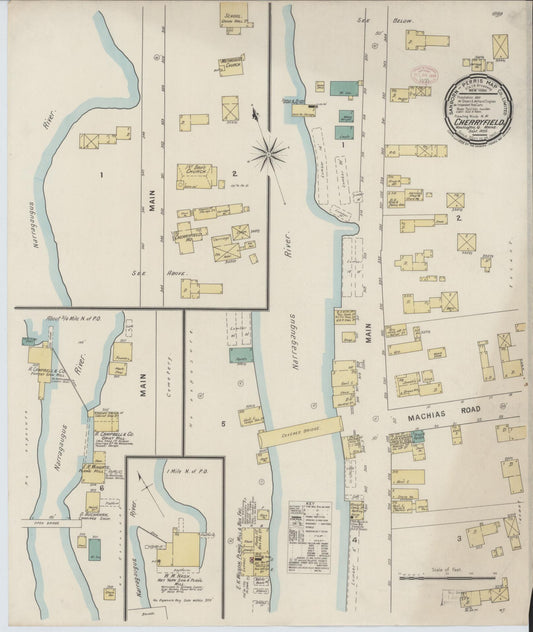 Sanborn Fire Insurance Map from Cherryfield, Washington County, Maine (1895), Sheet #0001 - Historic Sanborn Fire Insurance Map Print, vintage old map wall art, antique decor, genealogy gift, Maine Maine map