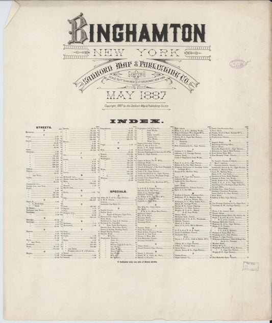 Sanborn Fire Insurance Map from Binghamton, Broome County, New York (1887), Sheet #0001 - Historic Sanborn Fire Insurance Map Print, vintage old map wall art, antique decor, genealogy gift, New York New York map
