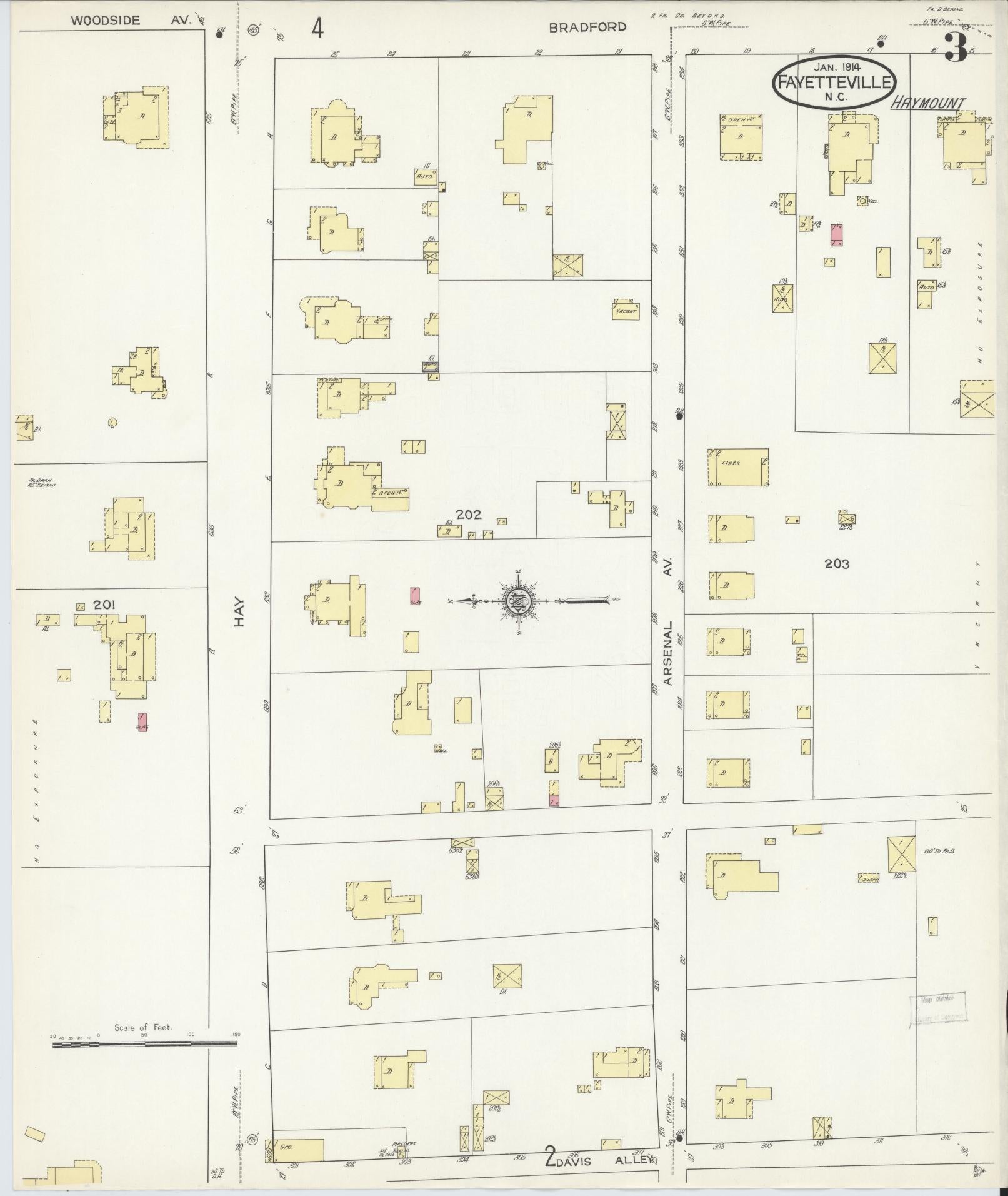 Sanborn Fire Insurance Map from Fayetteville, Cumberland County, North Carolina (1914), Sheet #0003 - Historic Sanborn Fire Insurance Map Print, vintage old map wall art, antique decor, genealogy gift, North Carolina North Carolina map