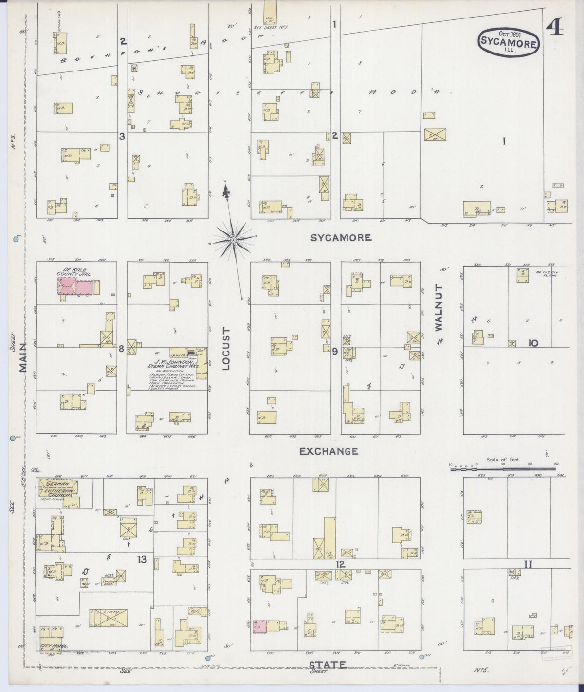 Sanborn Fire Insurance Map from Sycamore, De Kalb County, Illinois (1891), Sheet #0004 - Complete Map Set gallery image, historic Sanborn map, vintage wall art, Illinois Illinois