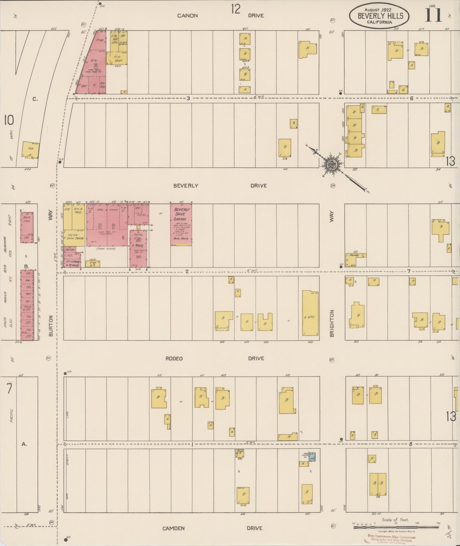 Sanborn Fire Insurance Map from Beverly Hills, Los Angeles County, California (1922), Sheet #0011 - Historic Sanborn Fire Insurance Map Print, vintage old map wall art, antique decor, genealogy gift, California California map