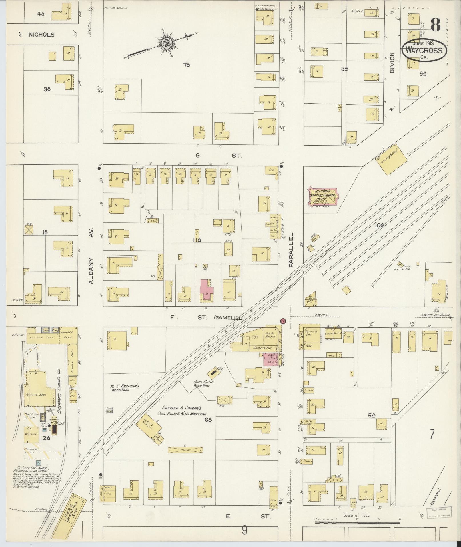 Sanborn Fire Insurance Map from Waycross, Ware County, Georgia (1913), Sheet #0008 - Complete Map Set gallery image, historic Sanborn map, vintage wall art, Georgia Georgia