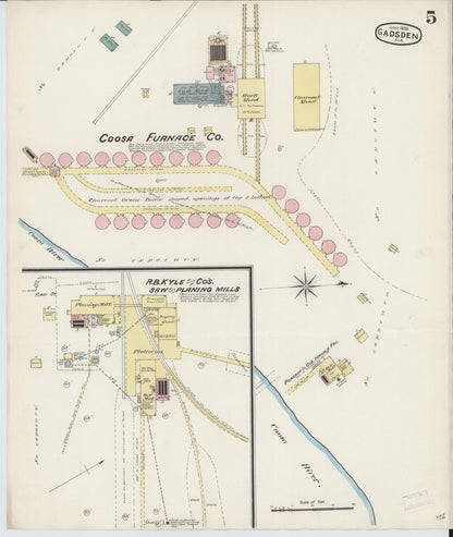 Sanborn Fire Insurance Map from Gadsden, Etowah County, Alabama (1888), Sheet #0005 - Complete Map Set gallery image, historic Sanborn map, vintage wall art, Alabama Alabama