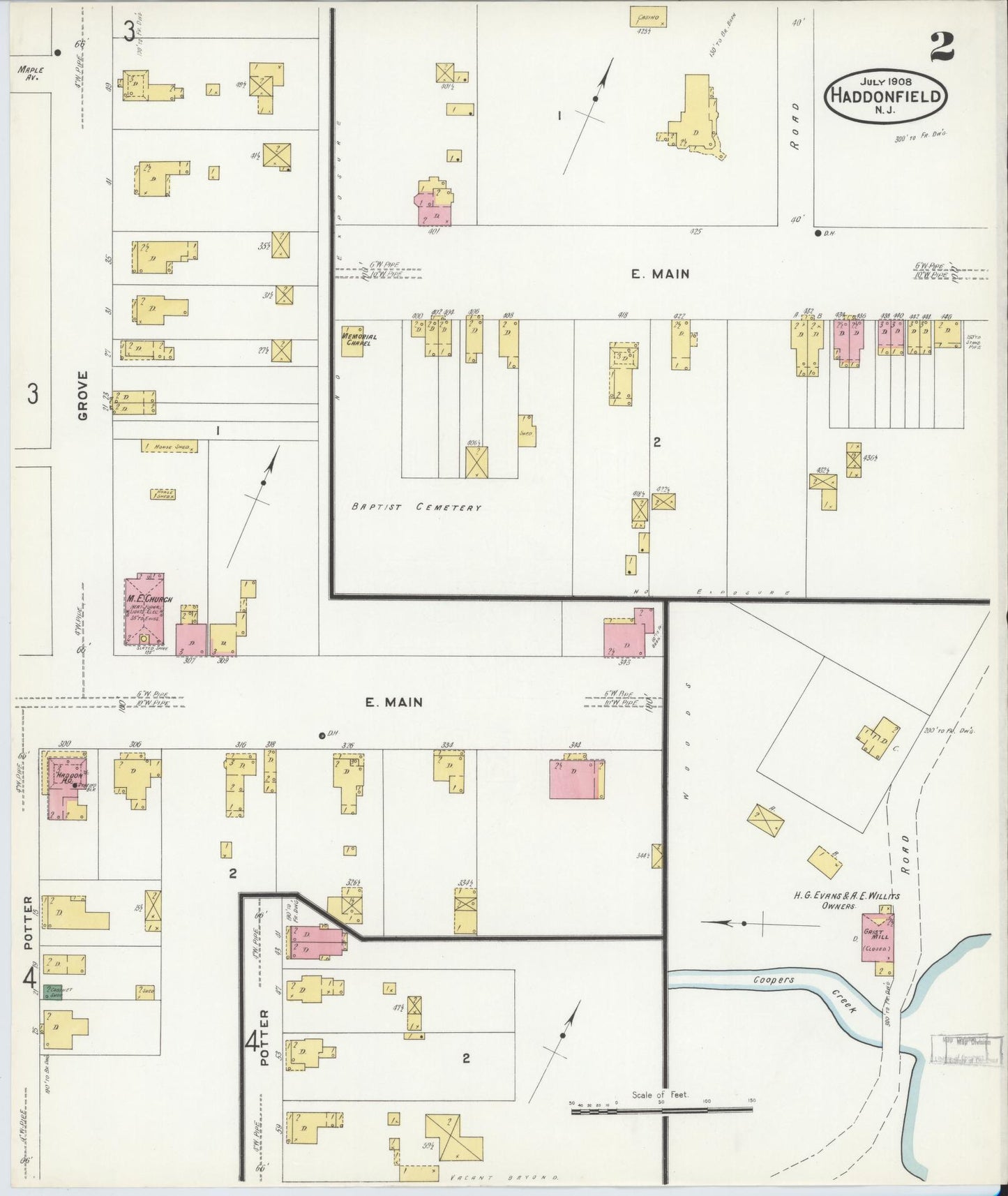 Sanborn Fire Insurance Map from Haddonfield, Camden County, New Jersey (1908), Sheet #0002 - Historic Sanborn Fire Insurance Map Print, vintage old map wall art, antique decor, genealogy gift, New Jersey New Jersey map