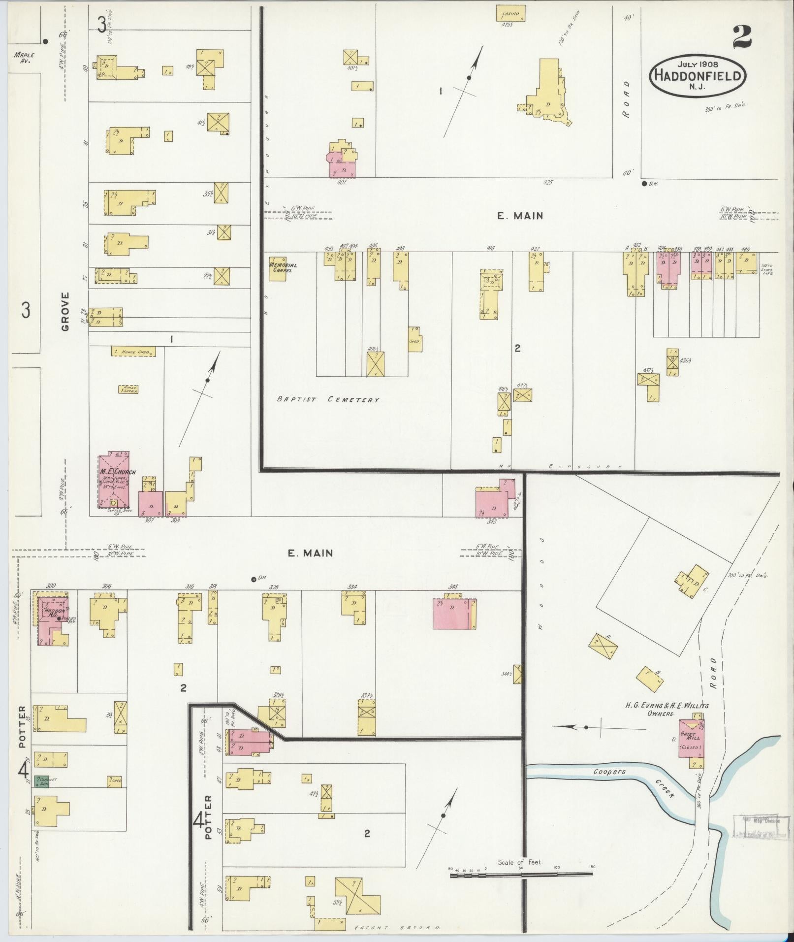 Sanborn Fire Insurance Map from Haddonfield, Camden County, New Jersey (1908), Sheet #0002 - Historic Sanborn Fire Insurance Map Print, vintage old map wall art, antique decor, genealogy gift, New Jersey New Jersey map