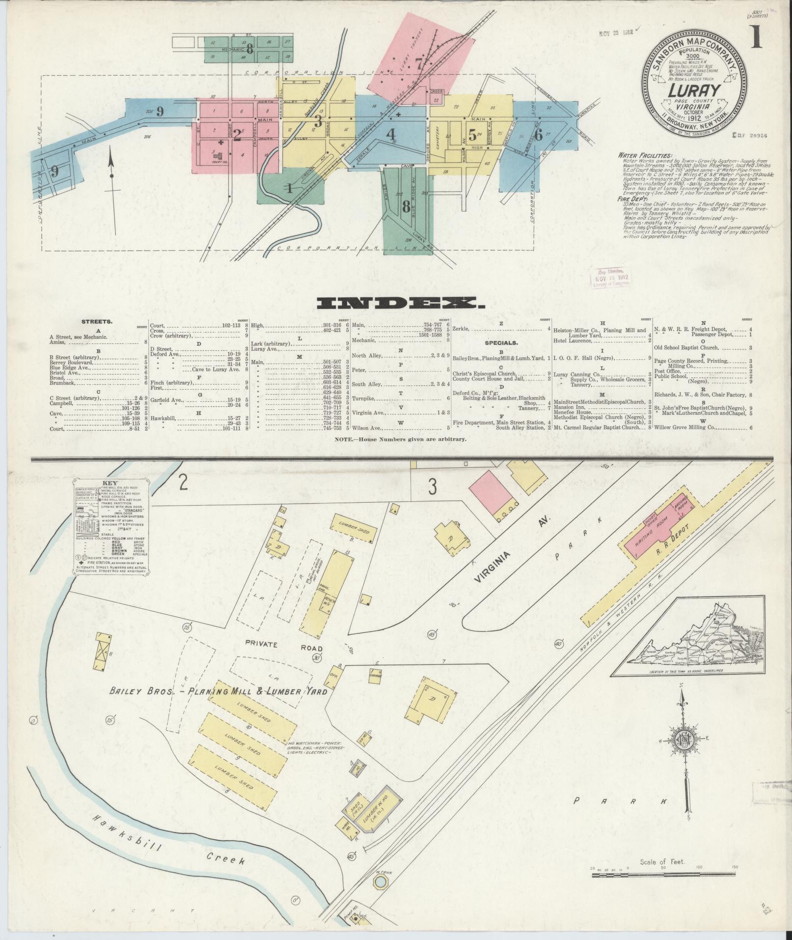 Sanborn Fire Insurance Map from Luray, Page County, Virginia (1912), Sheet #0001 - Complete Map Set gallery image, historic Sanborn map, vintage wall art, Virginia Virginia