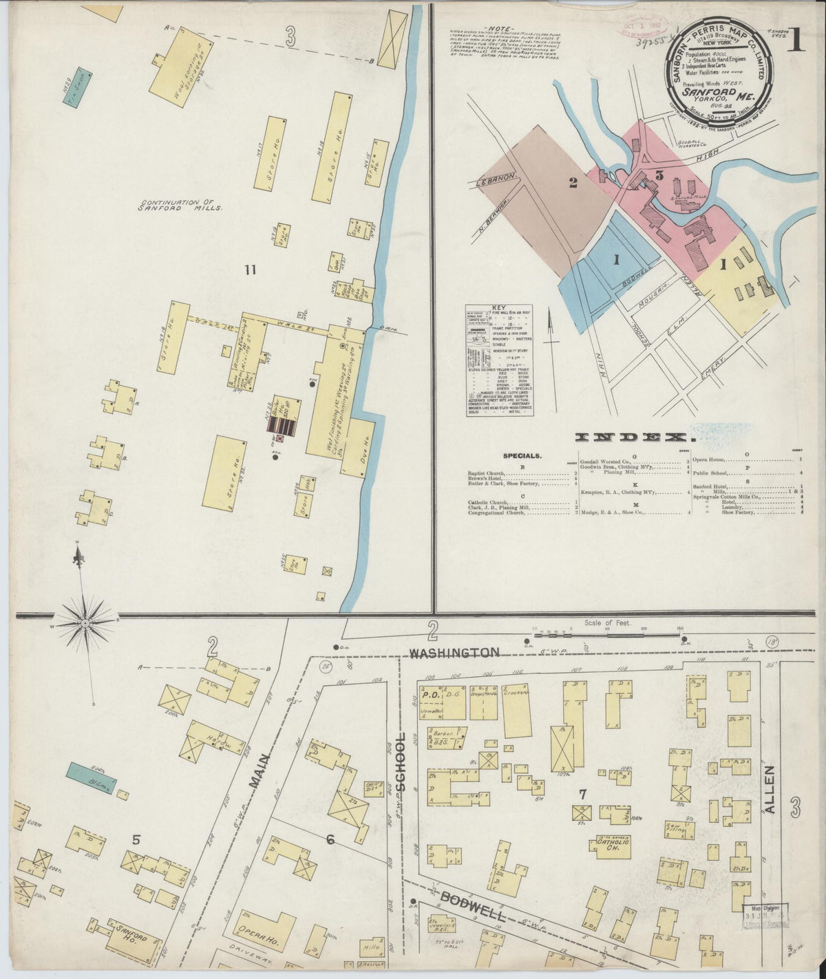 Sanborn Fire Insurance Map from Sanford, York County, Maine (1892), Sheet #0001 - Historic Sanborn Fire Insurance Map Print, vintage old map wall art, antique decor, genealogy gift, Maine Maine map