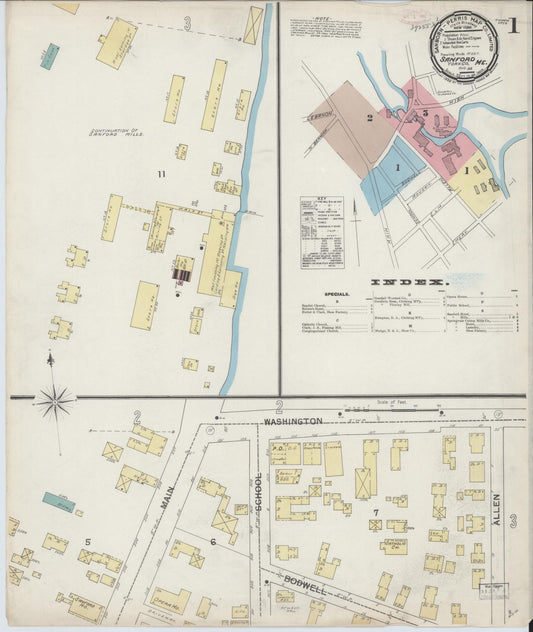 Sanborn Fire Insurance Map from Sanford, York County, Maine (1892), Sheet #0001 - Historic Sanborn Fire Insurance Map Print, vintage old map wall art, antique decor, genealogy gift, Maine Maine map