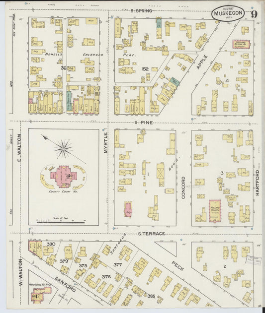 Sanborn Fire Insurance Map from Muskegon, Muskegon County, Michigan (1887), Sheet #0009 - Historic Sanborn Fire Insurance Map Print, vintage old map wall art, antique decor, genealogy gift, Michigan Michigan map
