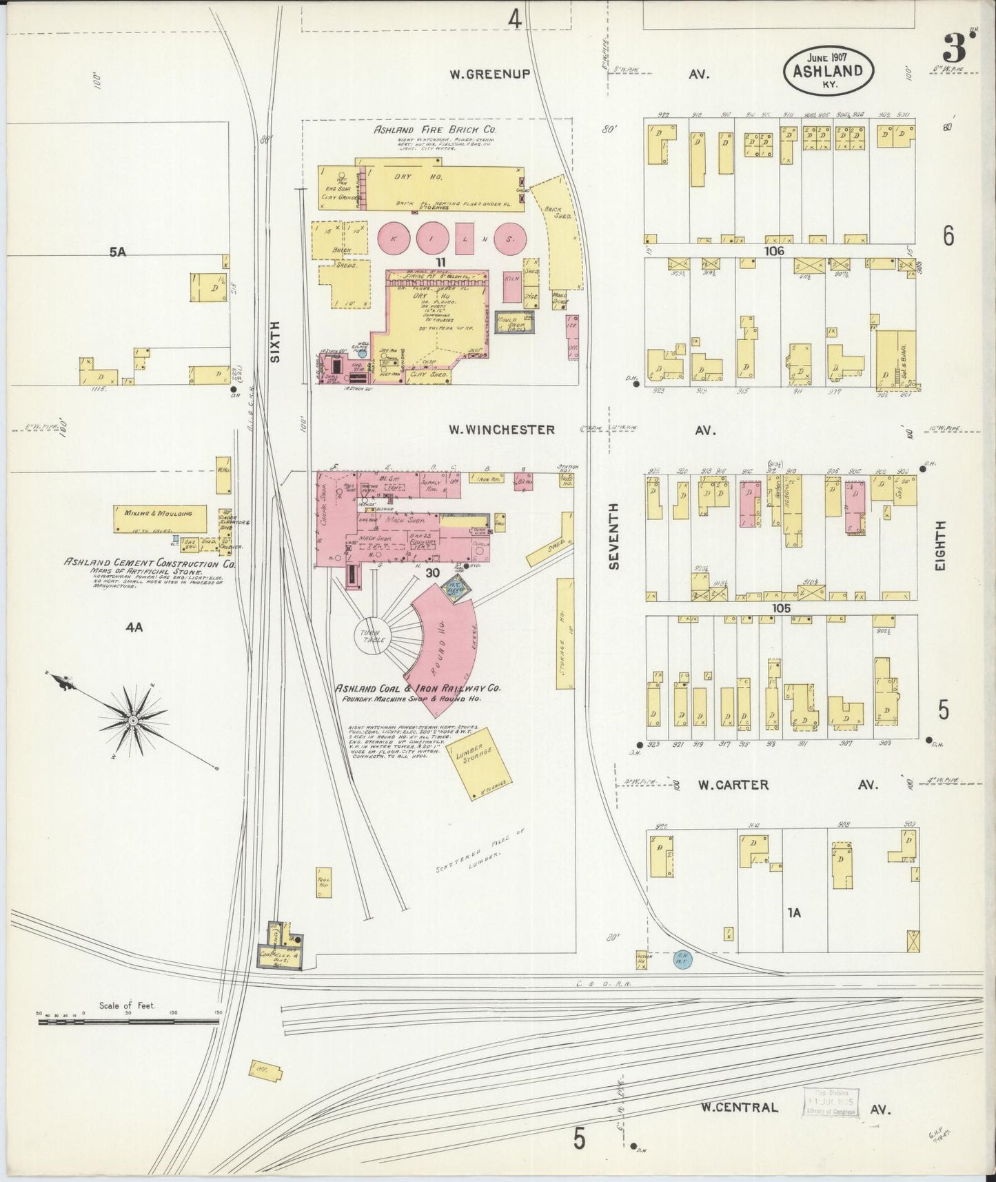 Sanborn Fire Insurance Map from Ashland, Boyd County, Kentucky (1907), Sheet #0003 - Complete Map Set gallery image, historic Sanborn map, vintage wall art, Kentucky Kentucky