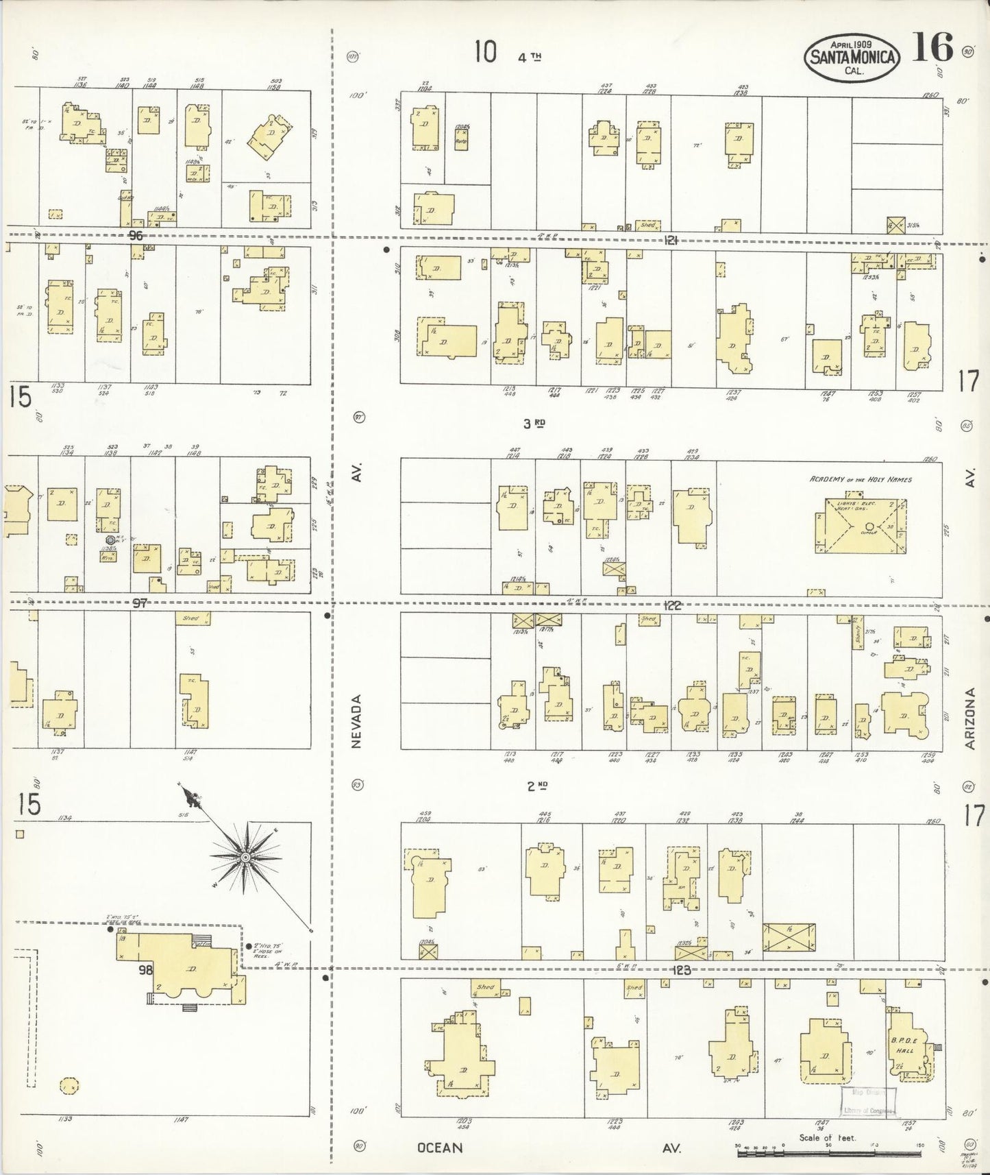 Sanborn Fire Insurance Map from Santa Monica, Los Angeles County, California (1909), Sheet #0016 - Complete Map Set gallery image, historic Sanborn map, vintage wall art, California California