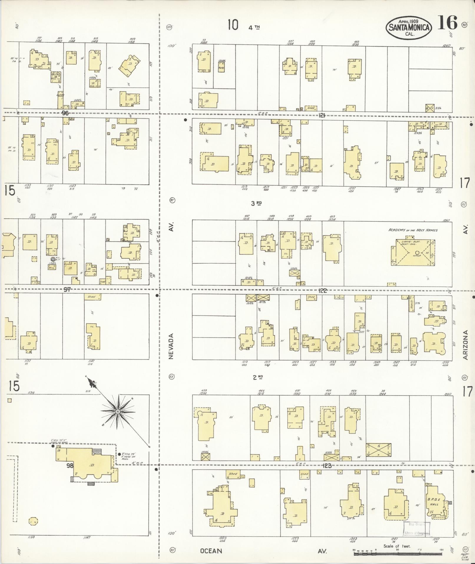 Sanborn Fire Insurance Map from Santa Monica, Los Angeles County, California (1909), Sheet #0016 - Complete Map Set gallery image, historic Sanborn map, vintage wall art, California California