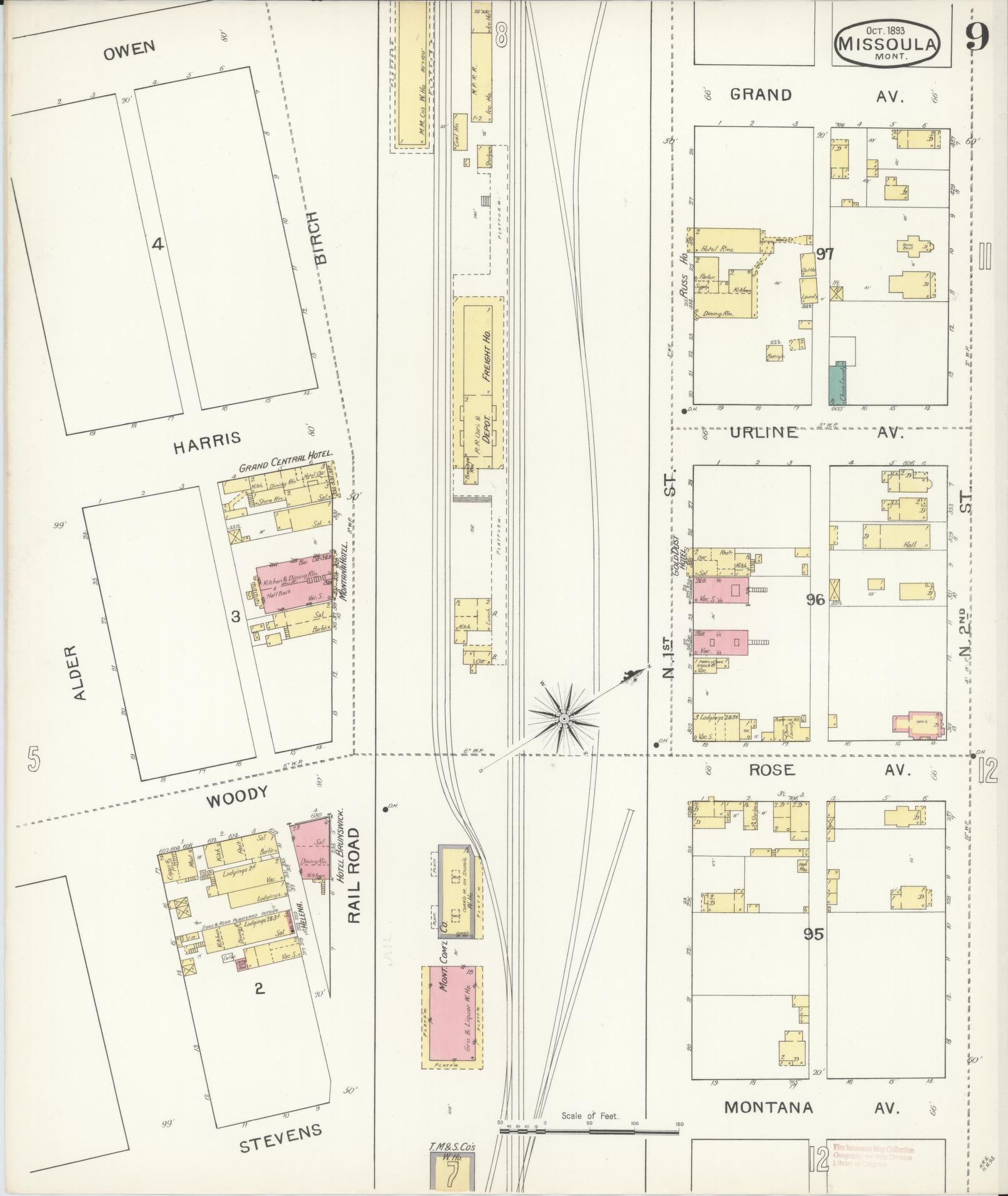 Sanborn Fire Insurance Map from Missoula, Missoula County, Montana (1893), Sheet #0009 - Historic Sanborn Fire Insurance Map Print, vintage old map wall art, antique decor, genealogy gift, Montana Montana map