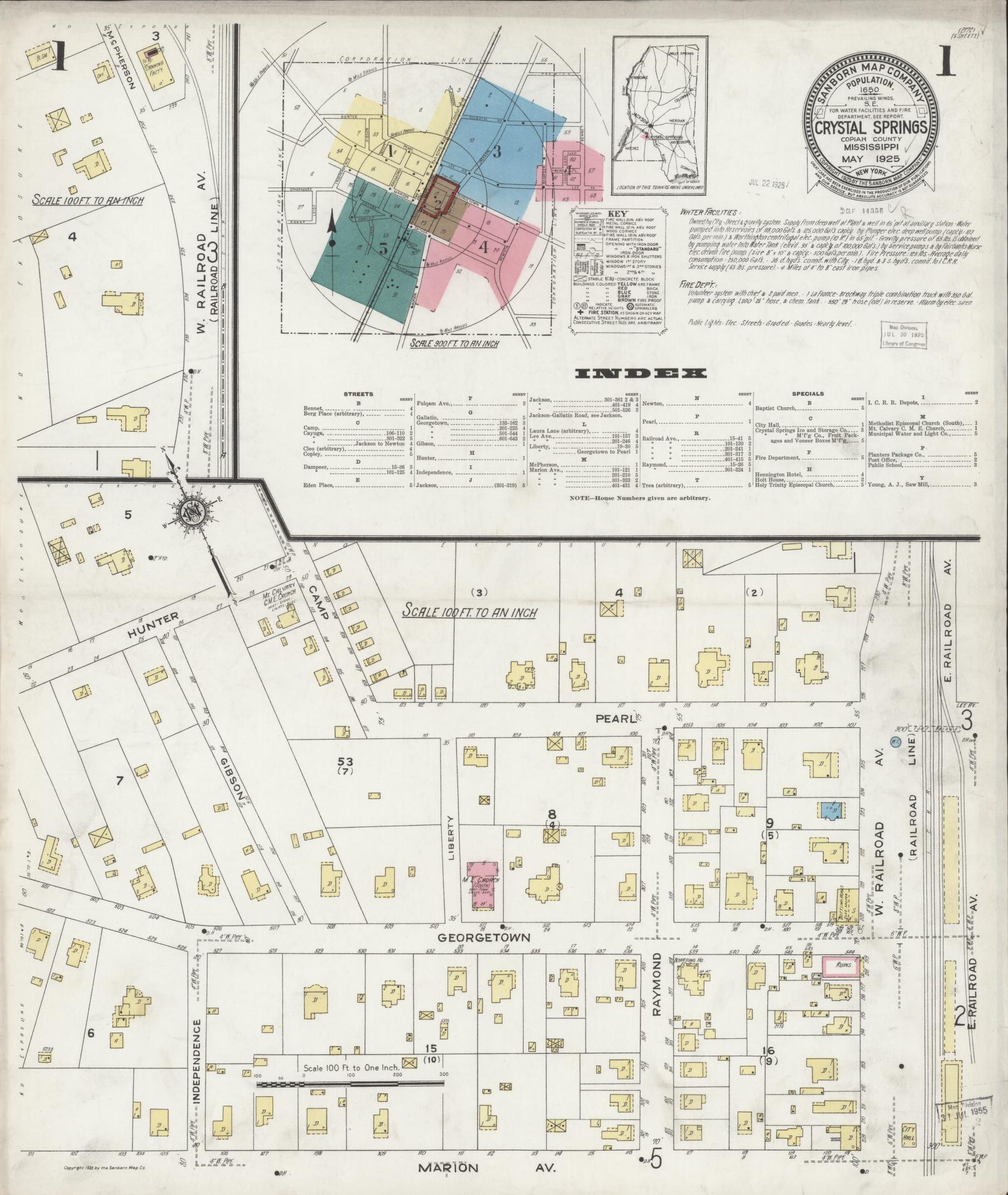 Sanborn Fire Insurance Map from Crystal Springs, Copiah County, Mississippi (1925), Sheet #0001 - Historic Sanborn Fire Insurance Map Print, vintage old map wall art, antique decor, genealogy gift, Mississippi Mississippi map