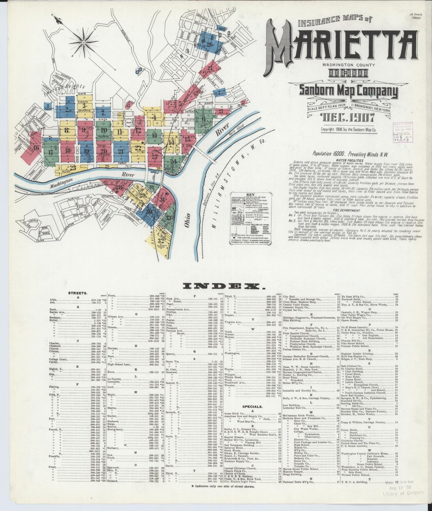 Sanborn Fire Insurance Map from Marietta, Washington County, Ohio (1907), Sheet #0001 - Historic Sanborn Fire Insurance Map Print, vintage old map wall art, antique decor, genealogy gift, Ohio Ohio map