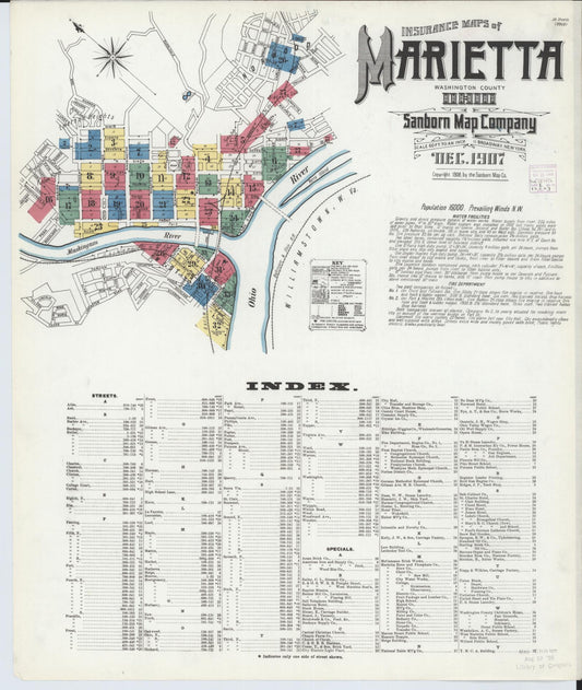Sanborn Fire Insurance Map from Marietta, Washington County, Ohio (1907), Sheet #0001 - Historic Sanborn Fire Insurance Map Print, vintage old map wall art, antique decor, genealogy gift, Ohio Ohio map