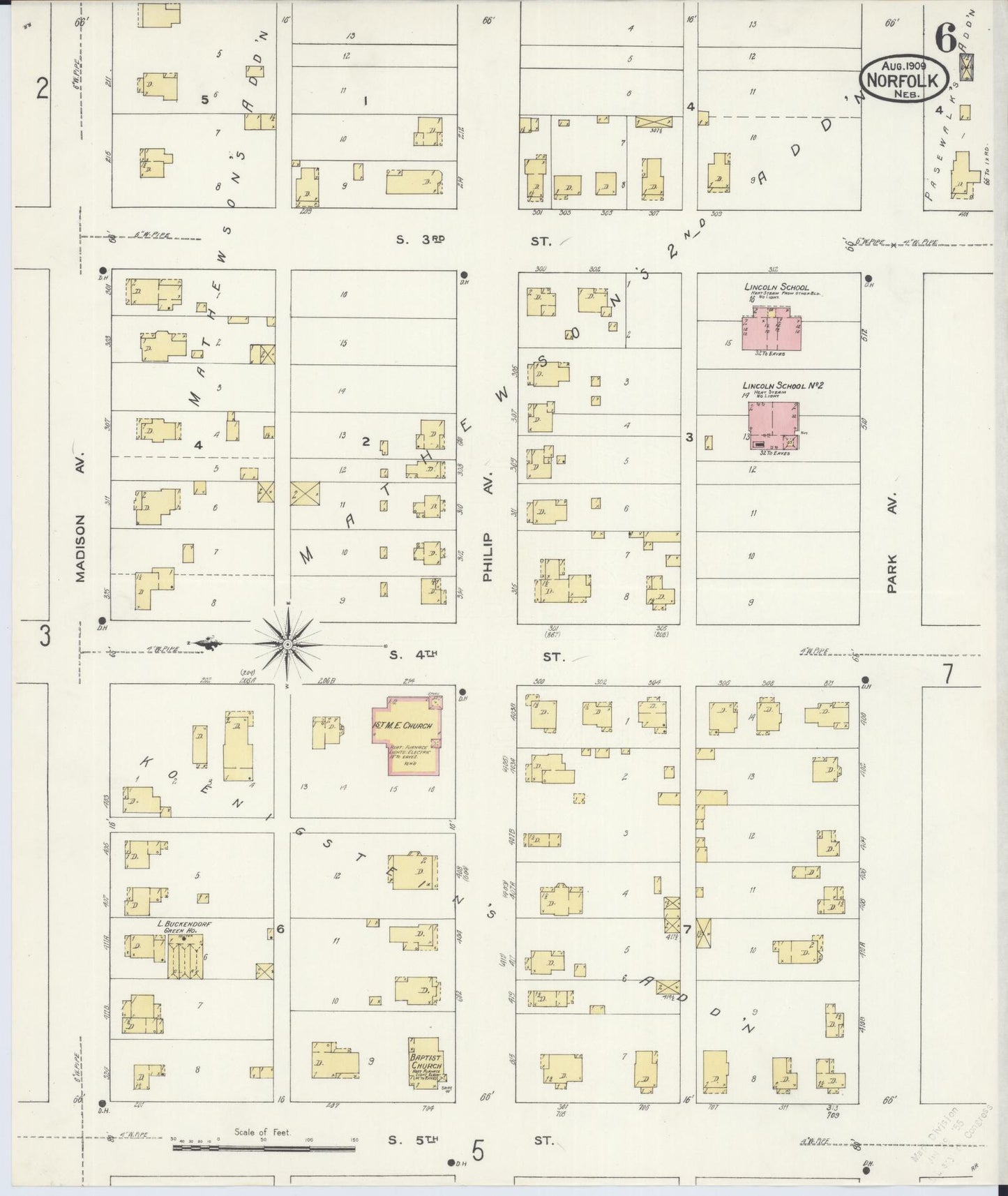 Sanborn Fire Insurance Map from Norfolk, Madison County, Nebraska (1909), Sheet #0006 - Complete Map Set gallery image, historic Sanborn map, vintage wall art, Nebraska Nebraska