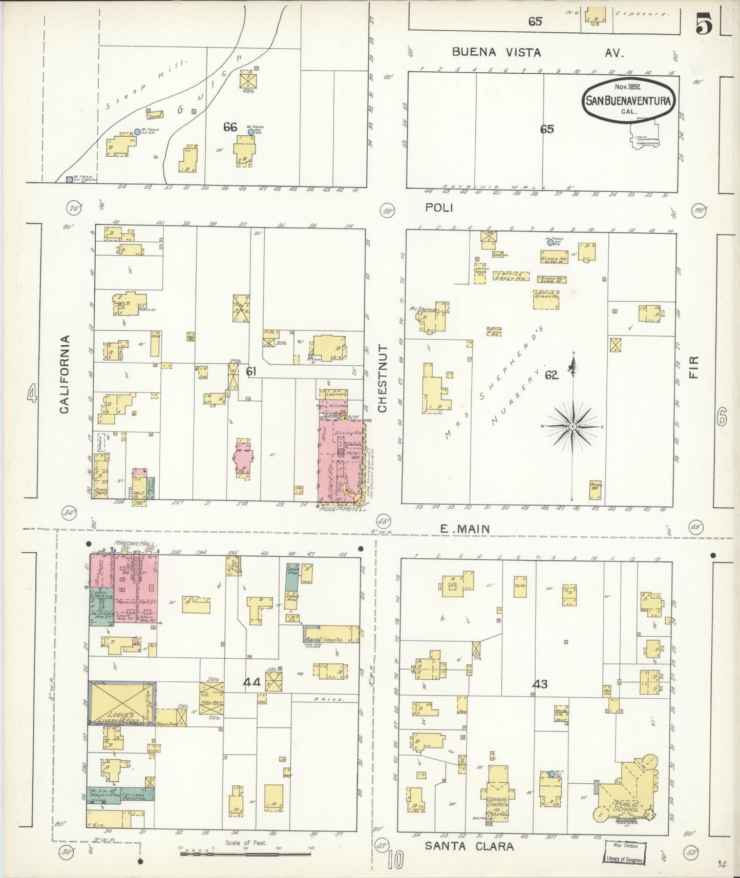 Sanborn Fire Insurance Map from San Buenaventura, Ventura County, California (1892), Sheet #0005 - Complete Map Set gallery image, historic Sanborn map, vintage wall art, California California