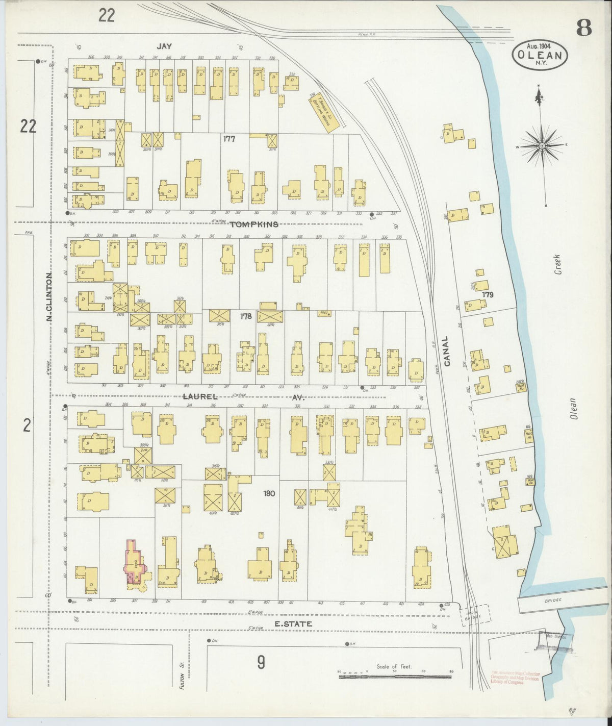 Sanborn Fire Insurance Map from Olean, Cattaraugus County, New York (1904), Sheet #0008 - Historic Sanborn Fire Insurance Map Print, vintage old map wall art, antique decor, genealogy gift, New York New York map