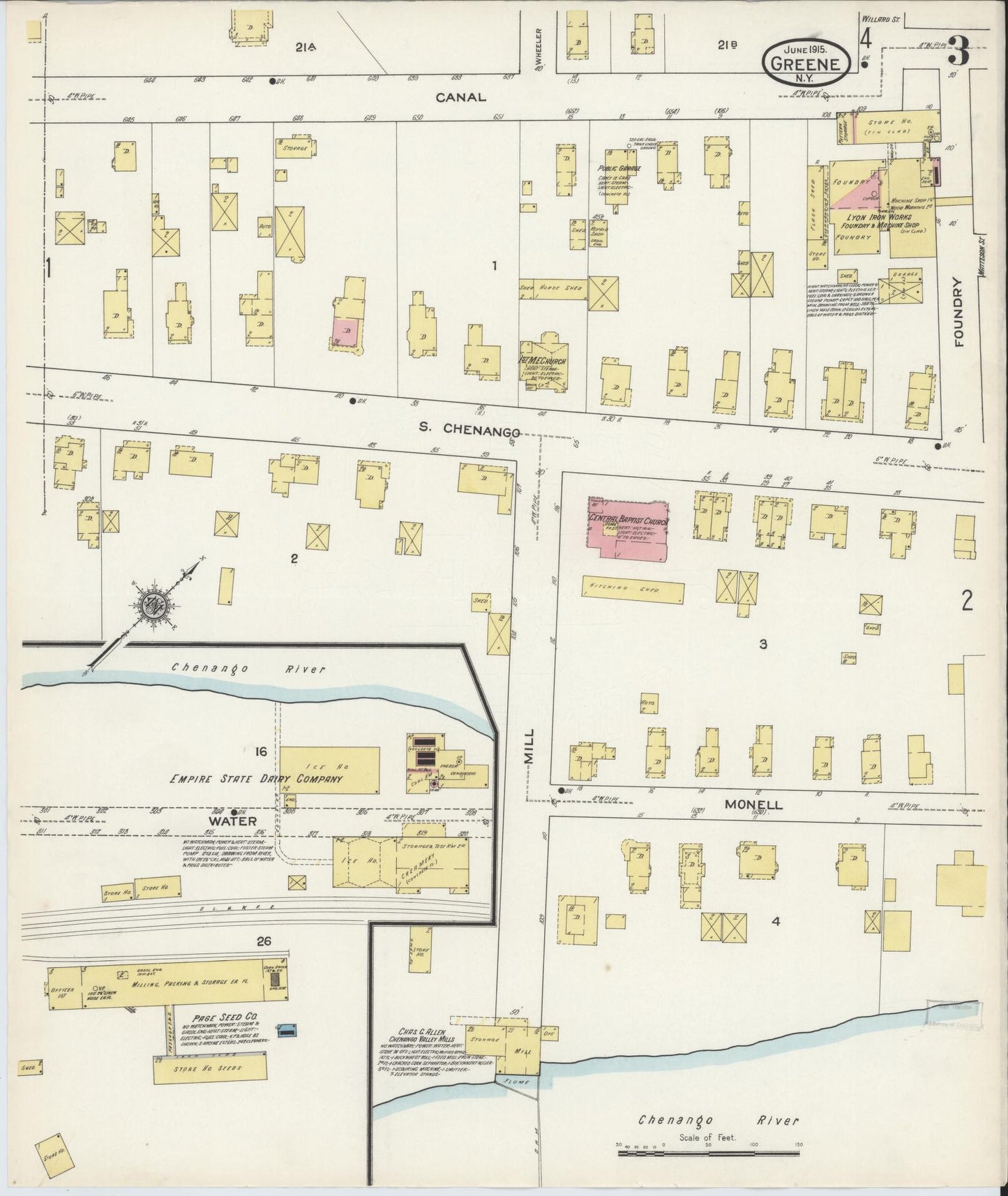 Sanborn Fire Insurance Map from Greene, Chenango County, New York (1915), Sheet #0003 - Historic Sanborn Fire Insurance Map Print, vintage old map wall art, antique decor, genealogy gift, New York New York map