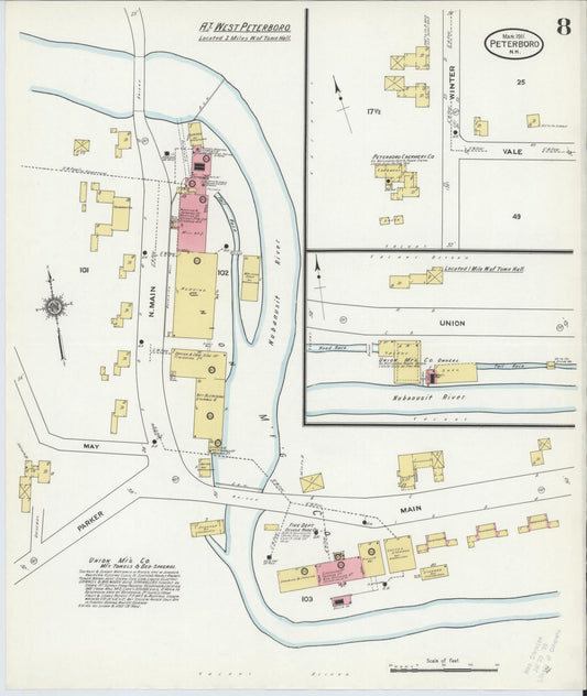 Sanborn Fire Insurance Map from Peterborough, Hillsborough County, New Hampshire (1911), Sheet #0008 - Historic Sanborn Fire Insurance Map Print, vintage old map wall art, antique decor, genealogy gift, New Hampshire New Hampshire map