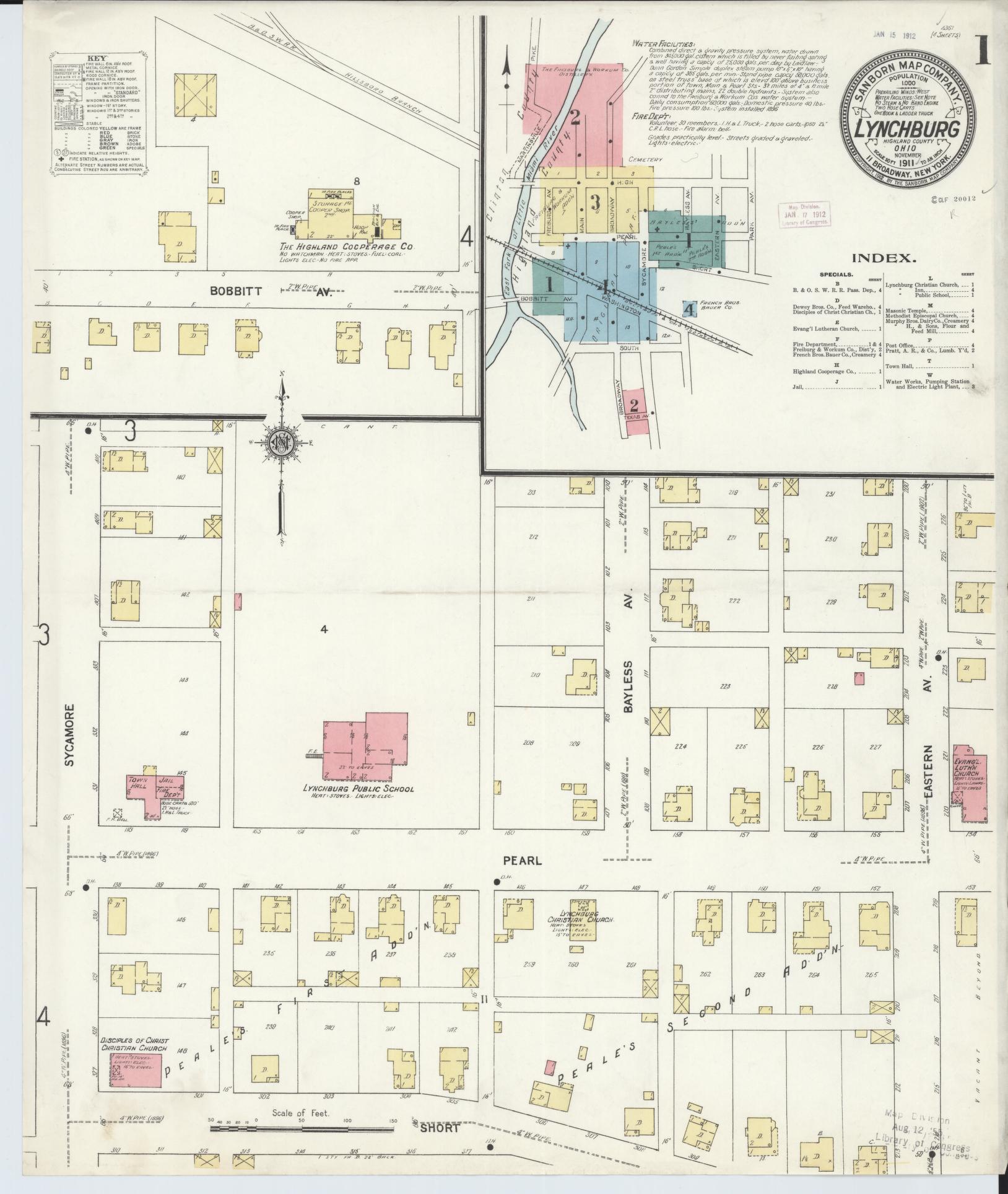 Sanborn Fire Insurance Map from Lynchburg, Highland County, Ohio (1911), Sheet #0001 - Historic Sanborn Fire Insurance Map Print, vintage old map wall art, antique decor, genealogy gift, Ohio Ohio map