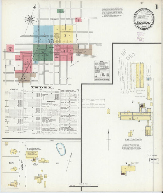 Sanborn Fire Insurance Map from Brenham, Washington County, Texas (1901), Sheet #0001 - Complete Map Set gallery image, historic Sanborn map, vintage wall art, Texas Texas