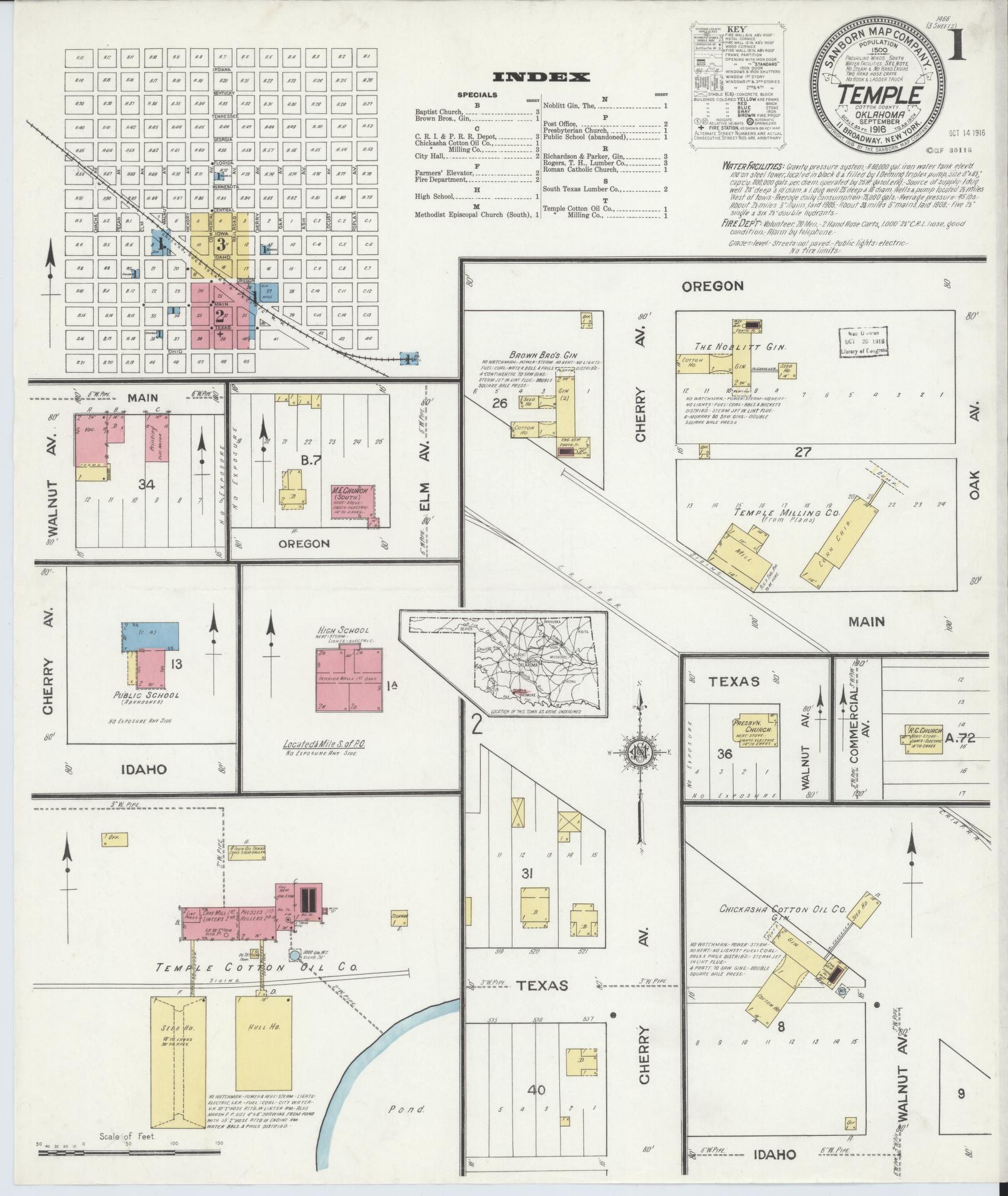 Sanborn Fire Insurance Map from Temple, Cotton County, Oklahoma (1916), Sheet #0001 - Historic Sanborn Fire Insurance Map Print, vintage old map wall art, antique decor, genealogy gift, Oklahoma Oklahoma map
