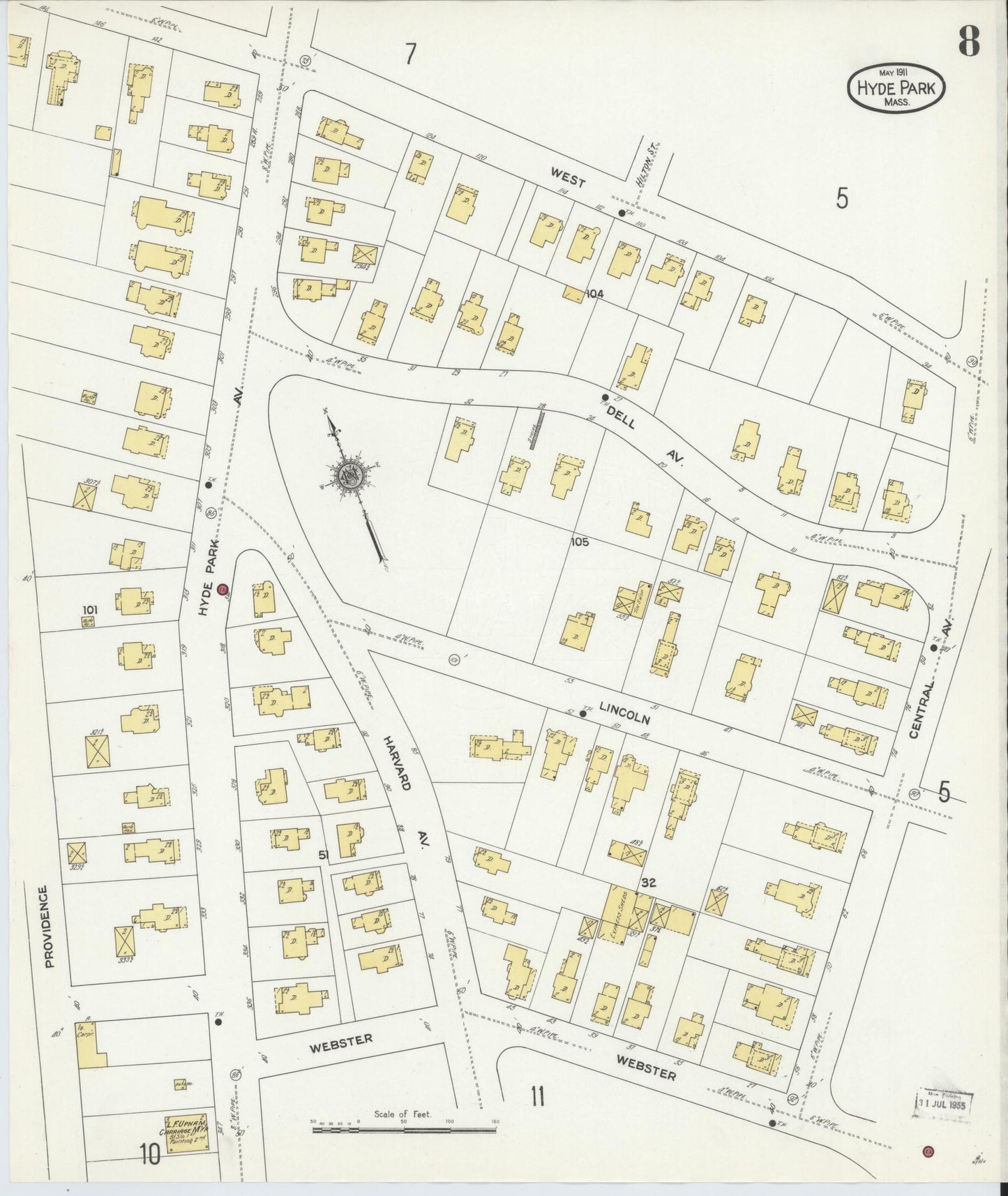 Sanborn Fire Insurance Map from Hyde Park, Norfolk County, Massachusetts (1911), Sheet #0008 - Historic Sanborn Fire Insurance Map Print, vintage old map wall art, antique decor, genealogy gift, Massachusetts Massachusetts map