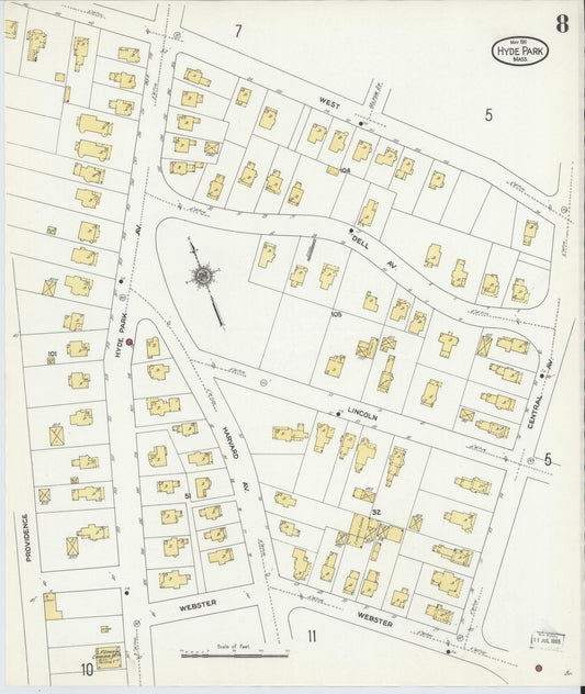Sanborn Fire Insurance Map from Hyde Park, Norfolk County, Massachusetts (1911), Sheet #0008 - Historic Sanborn Fire Insurance Map Print, vintage old map wall art, antique decor, genealogy gift, Massachusetts Massachusetts map