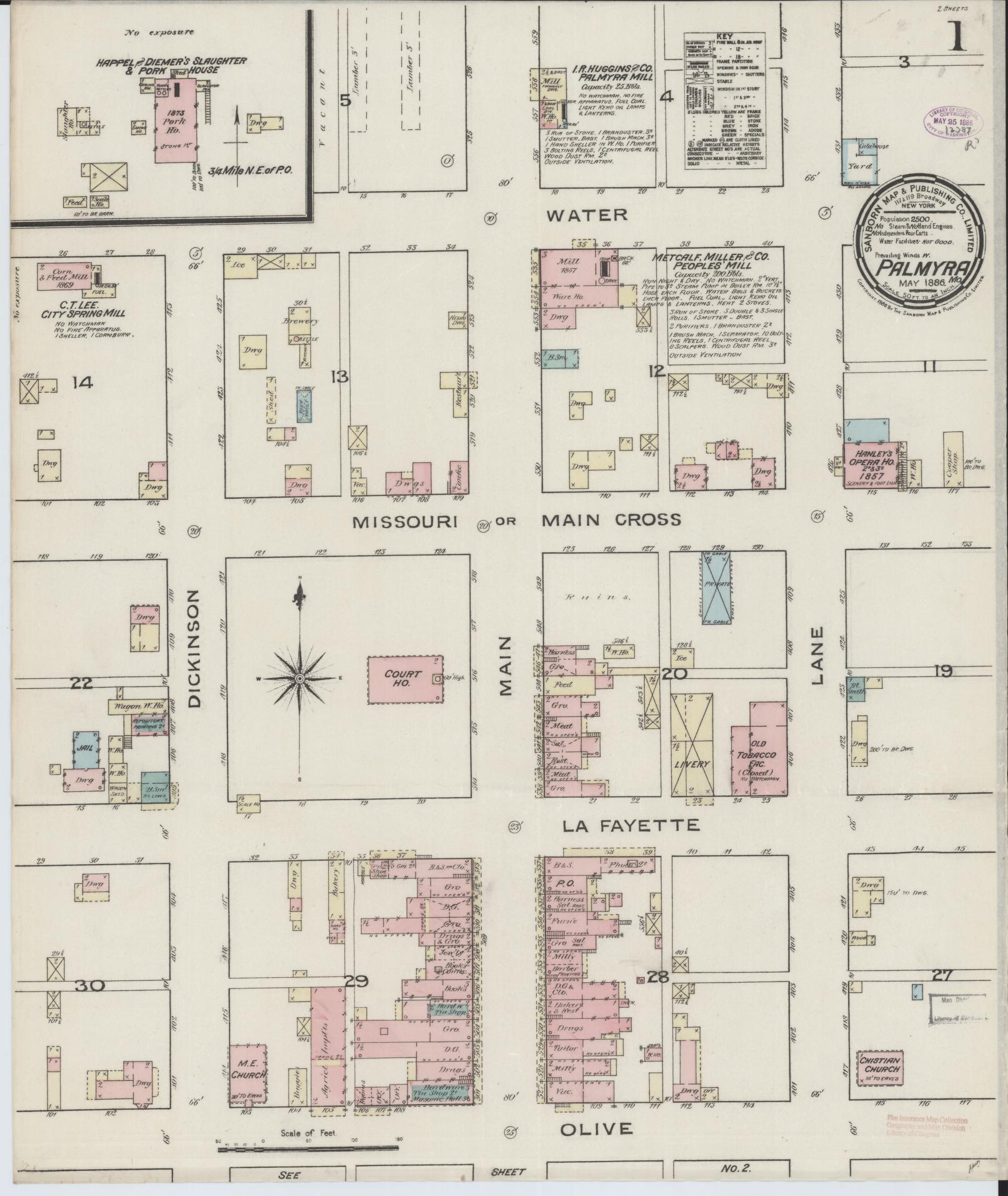 Sanborn Fire Insurance Map from Palmyra, Marion County, Missouri (1886), Sheet #0001 - Historic Sanborn Fire Insurance Map Print, vintage old map wall art, antique decor, genealogy gift, Missouri Missouri map