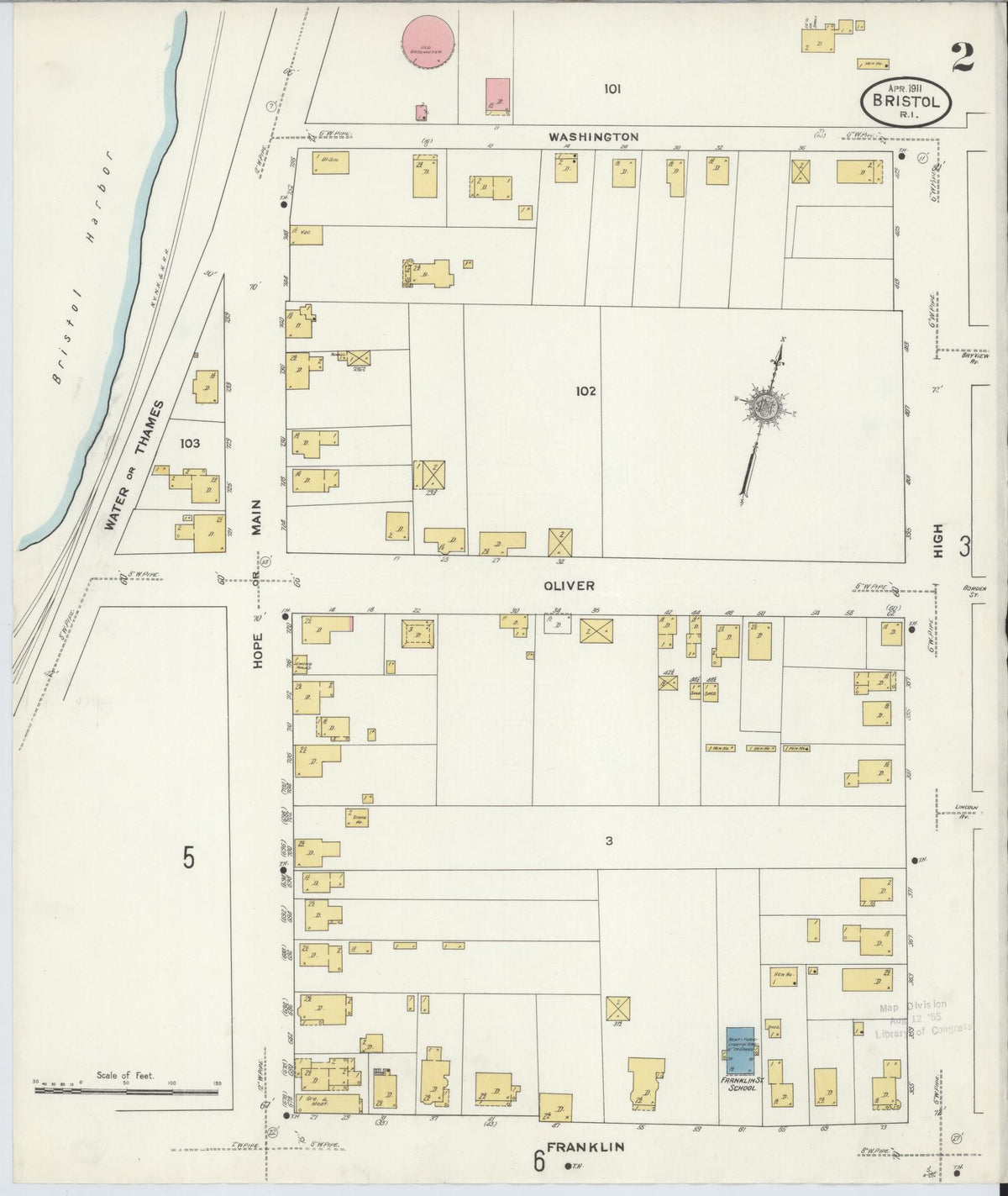 Sanborn Fire Insurance Map from Bristol, Bristol County, Rhode Island (1911), Sheet #0002 - Historic Sanborn Fire Insurance Map Print, vintage old map wall art, antique decor, genealogy gift, Rhode Island Rhode Island map