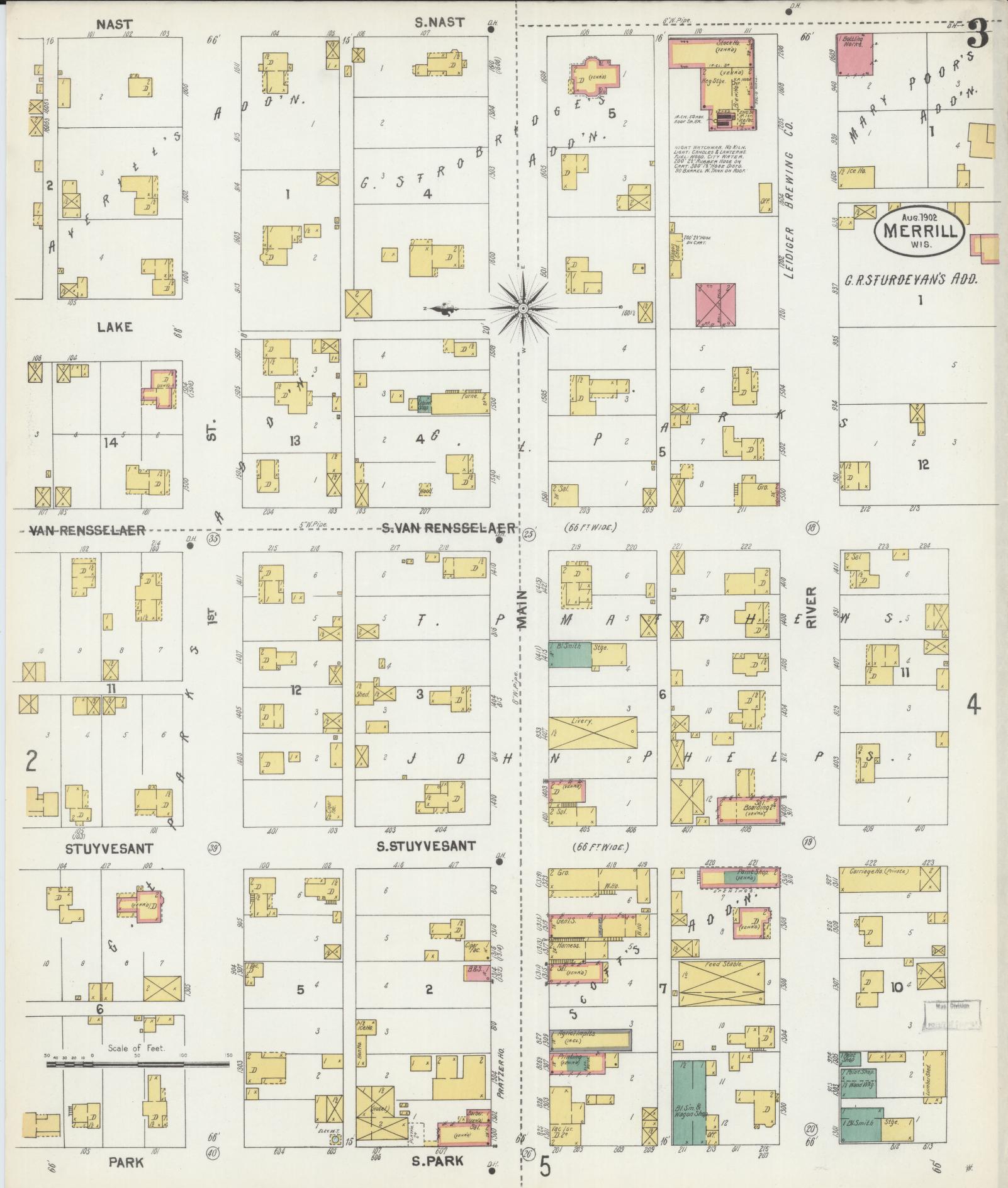 Sanborn Fire Insurance Map from Merrill, Lincoln County, Wisconsin (1902), Sheet #0003 - Complete Map Set gallery image, historic Sanborn map, vintage wall art, Wisconsin Wisconsin