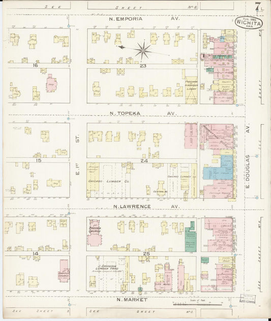 Sanborn Fire Insurance Map from Wichita, Sedgwick County, Kansas (1886), Sheet #0007 - Historic Sanborn Fire Insurance Map Print, vintage old map wall art, antique decor, genealogy gift, Kansas Kansas map