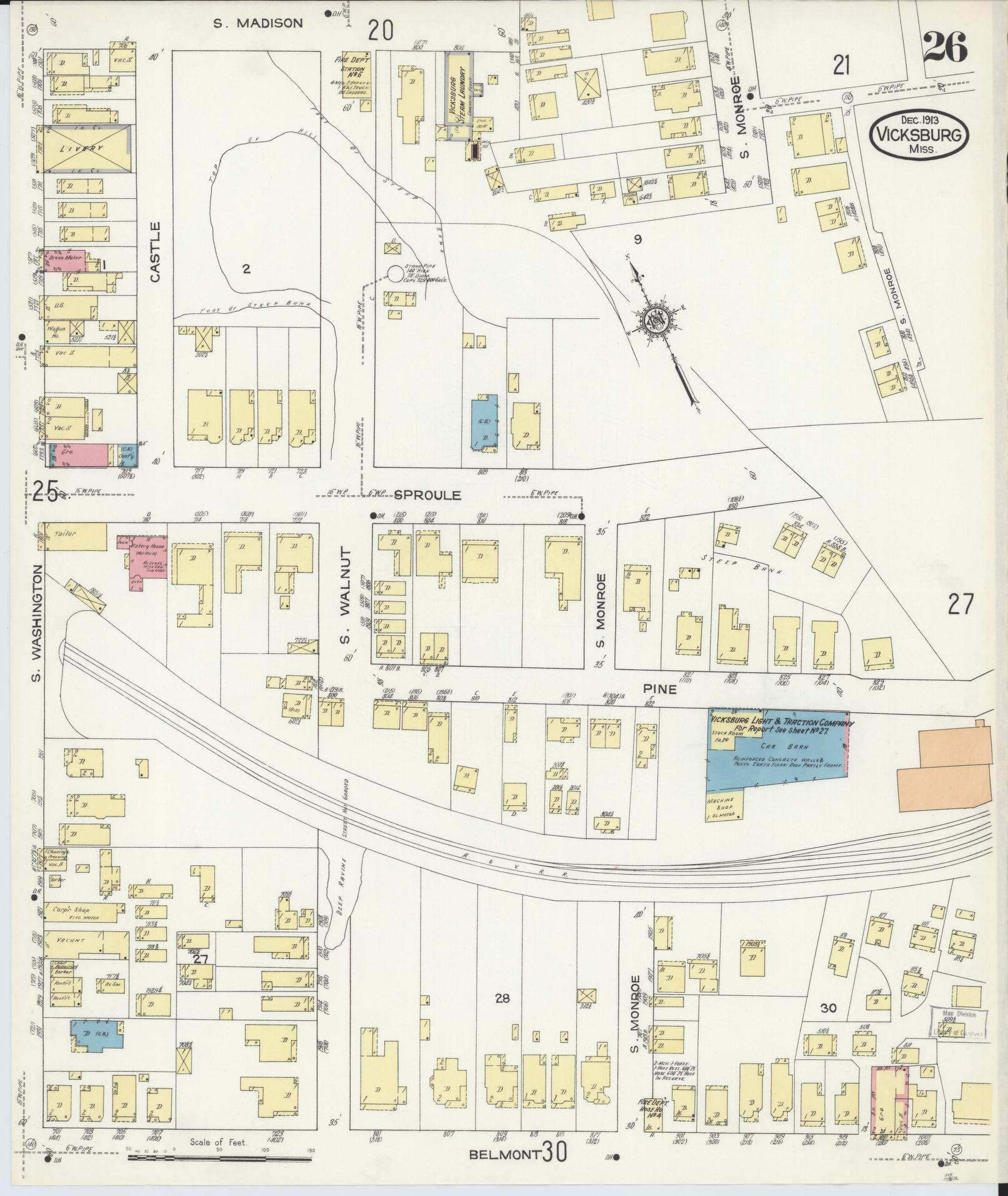 Sanborn Fire Insurance Map from Vicksburg, Warren County, Mississippi (1913), Sheet #0026 - Historic Sanborn Fire Insurance Map Print, vintage old map wall art, antique decor, genealogy gift, Mississippi Mississippi map