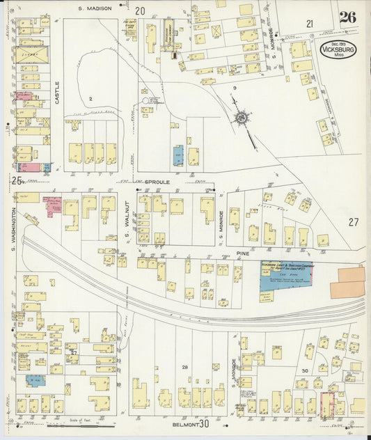 Sanborn Fire Insurance Map from Vicksburg, Warren County, Mississippi (1913), Sheet #0026 - Historic Sanborn Fire Insurance Map Print, vintage old map wall art, antique decor, genealogy gift, Mississippi Mississippi map